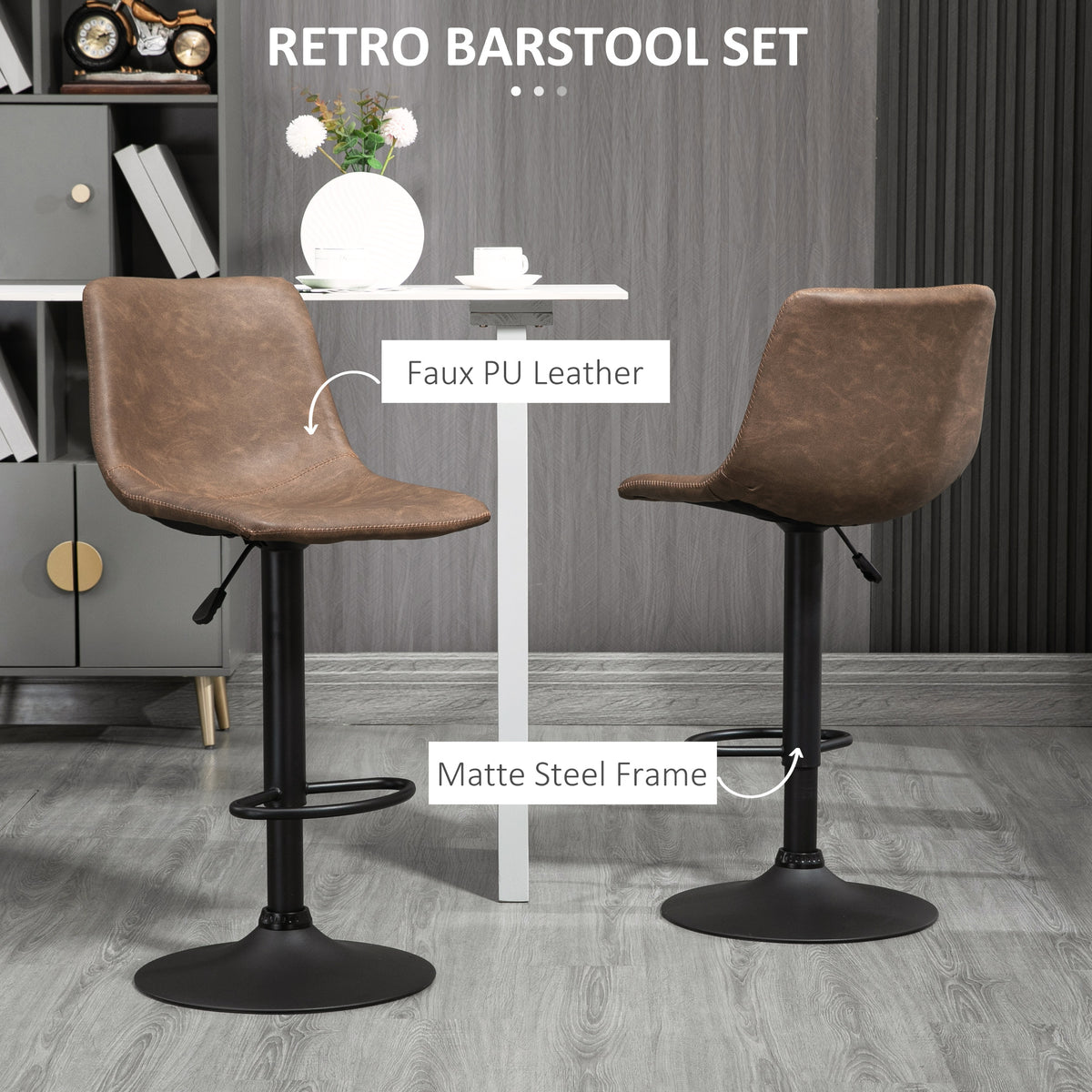 Retro Faux Leather Adjustable Swivel Counter Stools, Set of 2, Coffee Brown