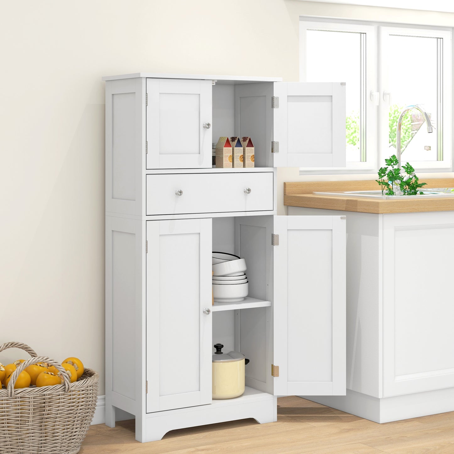 HOMCOM Modern Kitchen Cabinet 4‑Door With Drawer, Adjustable Shelf White