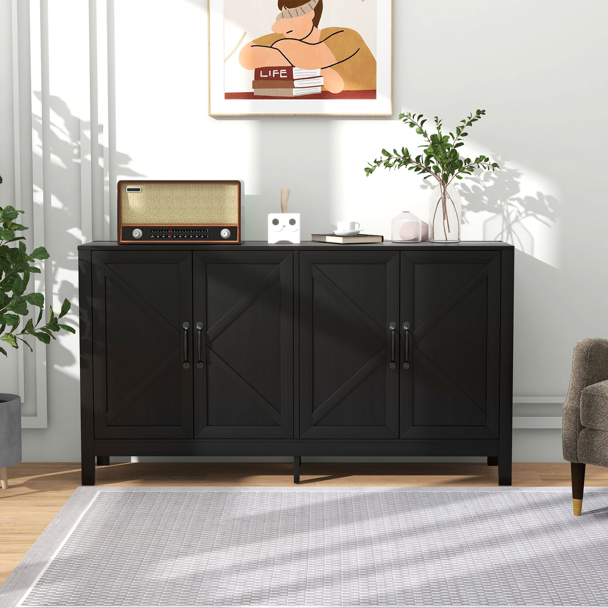 60" Sideboard Buffet with Barn Doors, Black Oak