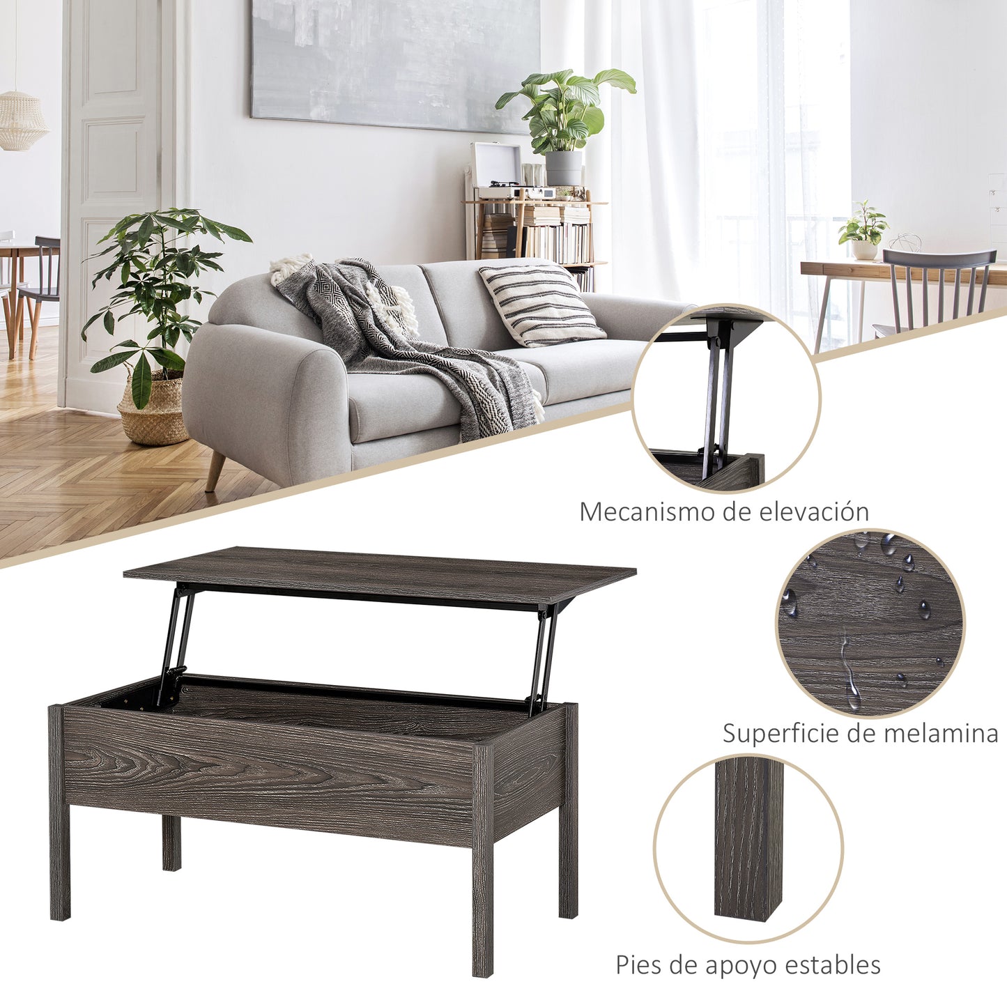 Modern Lift Top Coffee Table with Hidden Storage for Living Room, Grey