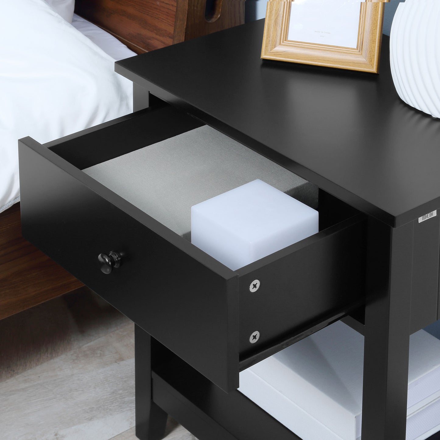 HOMCOM Modern Black Nightstand End Table with Drawer and Shelf for Bedroom Living Room
