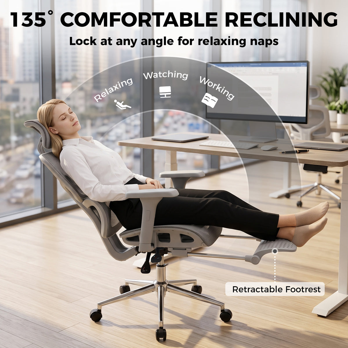 Ergonomic Office Chair with Lumbar Support, 2D Headrest, Mesh Reclining Desk Chair with Footrest, Grey