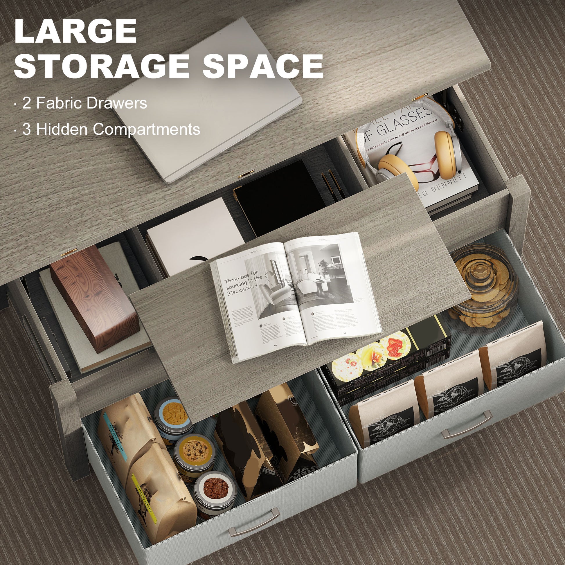 Modern Lift Top Coffee Table with Charging, Hidden Storage & Fabric Drawers