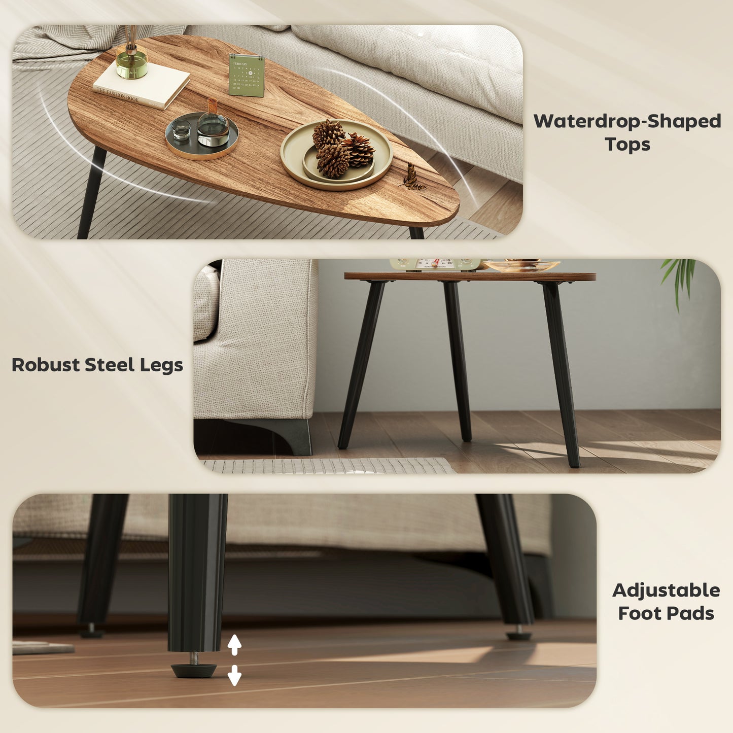 HOMCOM Industrial 2-Piece Nesting Coffee Table Set, Brown Wood-Effect Steel Legs