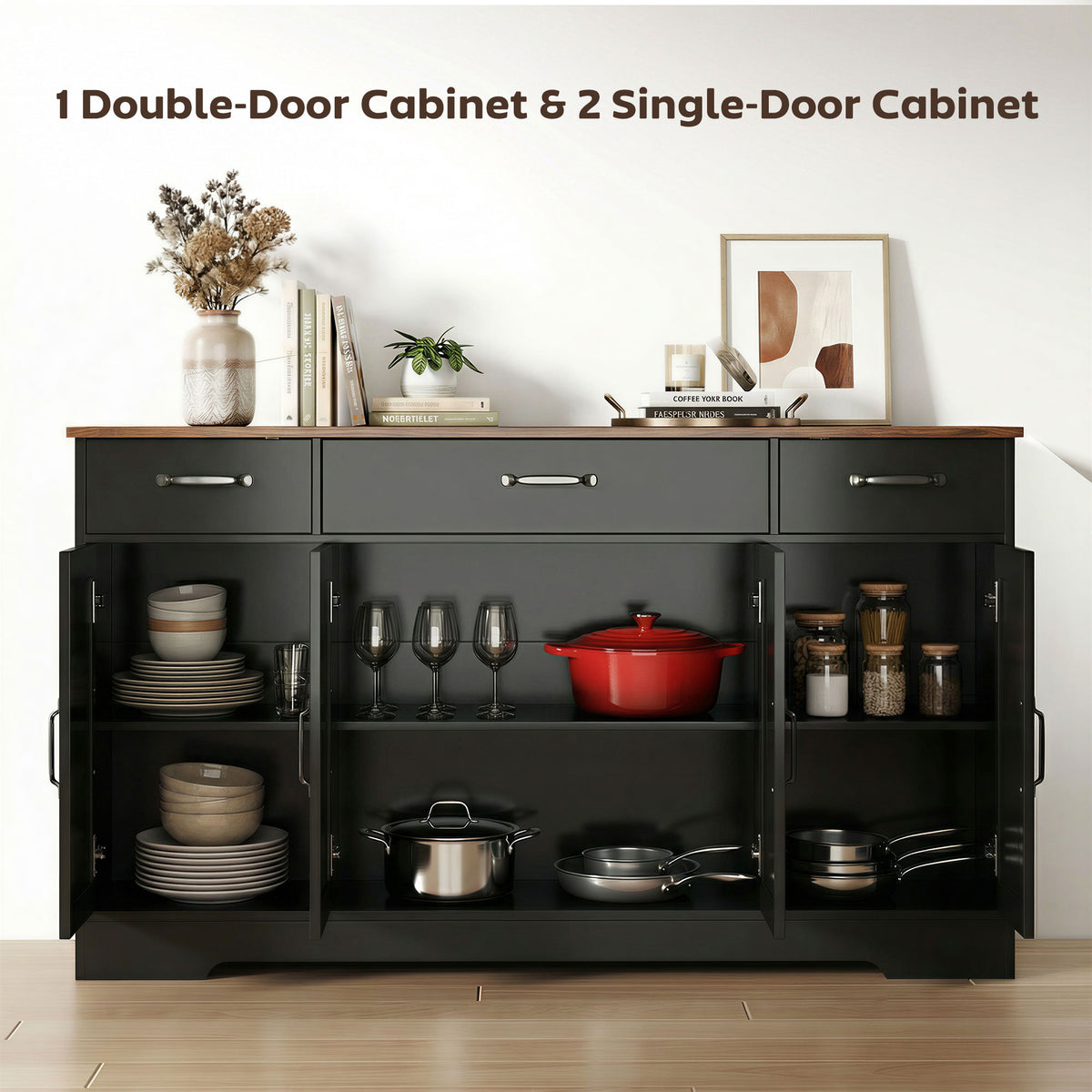 Farmhouse Kitchen Cabinet with 4 Barn Doors – 55"W x 32"H