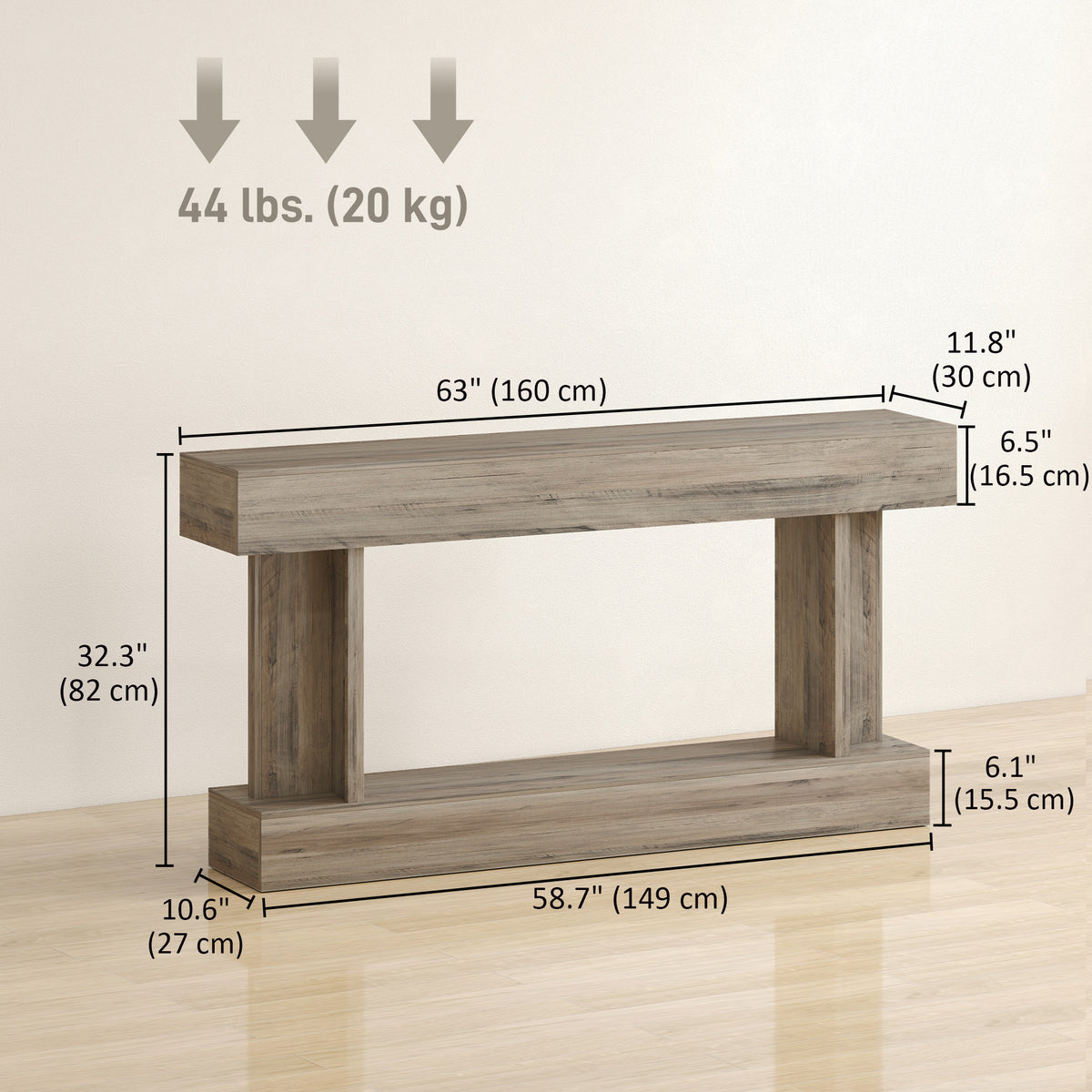 63" Long Vintage Console Table with Storage Shelf, Light Brown
