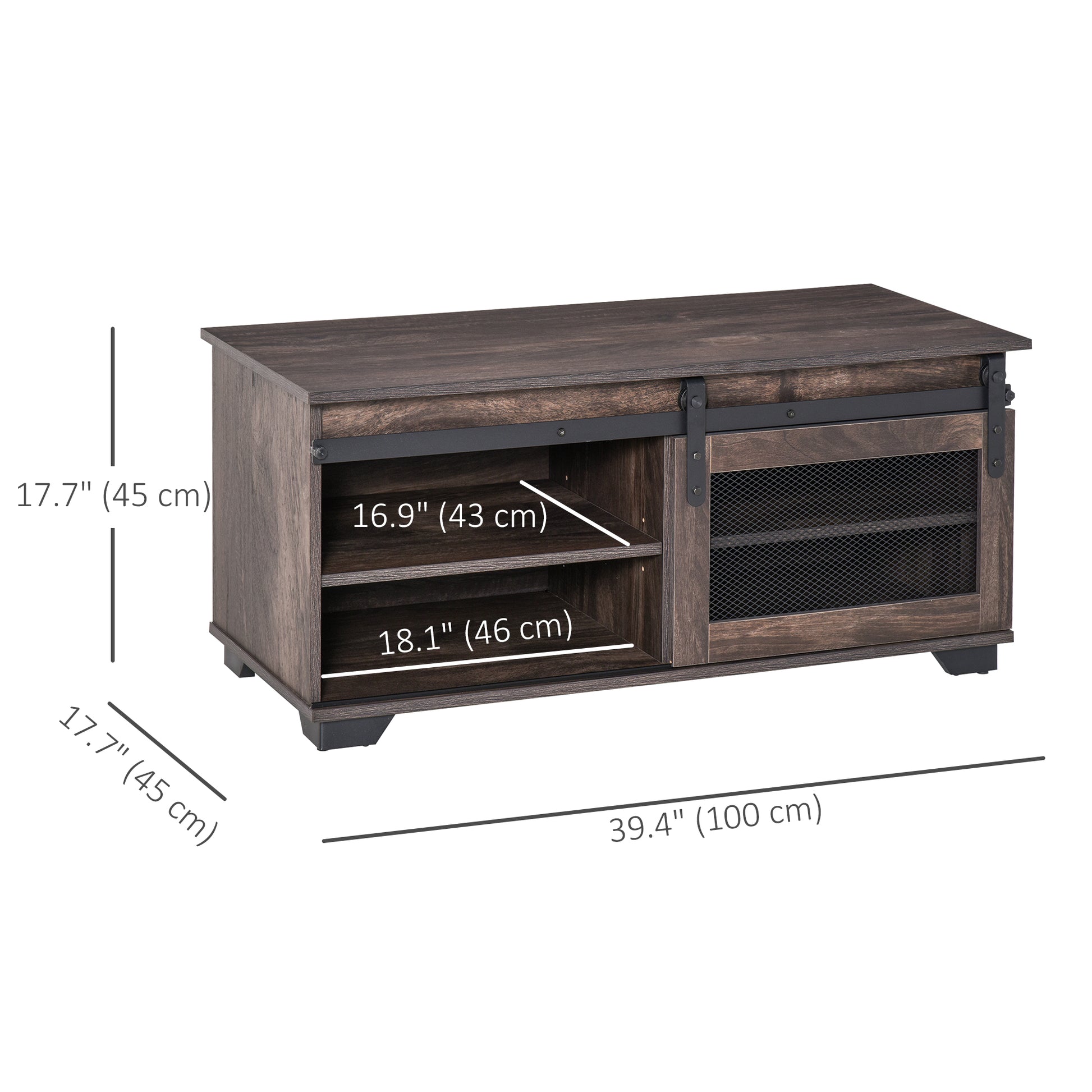 HOMCOM Farmhouse Industrial Coffee Table with Sliding Barn Door, Adjustable Shelf, Dark Brown