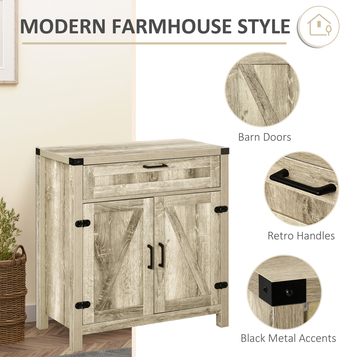 Sideboard Buffet Cabinet with 2 Rustic Barn Doors and Drawer – 30"W x 33"H