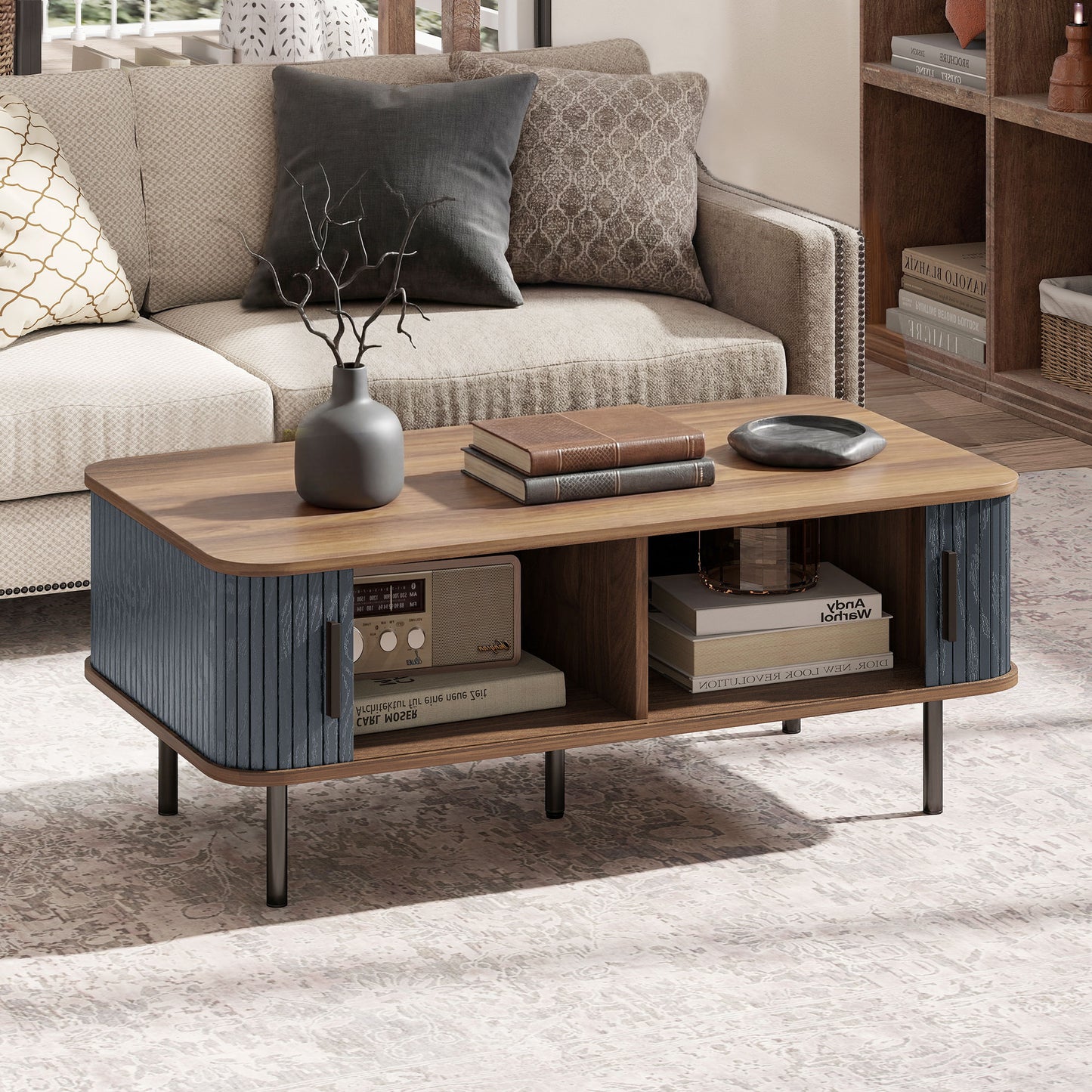 HOMCOM Nordic Side Table with Fluted Sliding Doors, Black