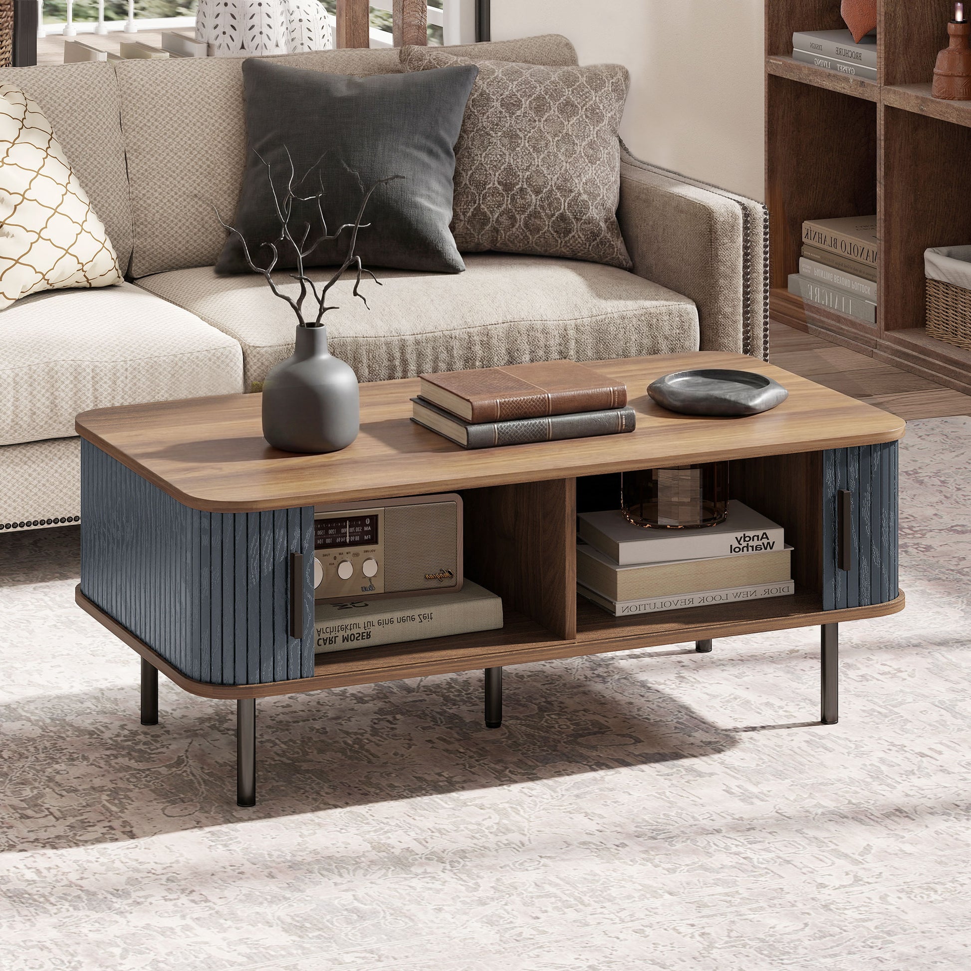 HOMCOM Nordic Side Table with Fluted Sliding Doors, Black