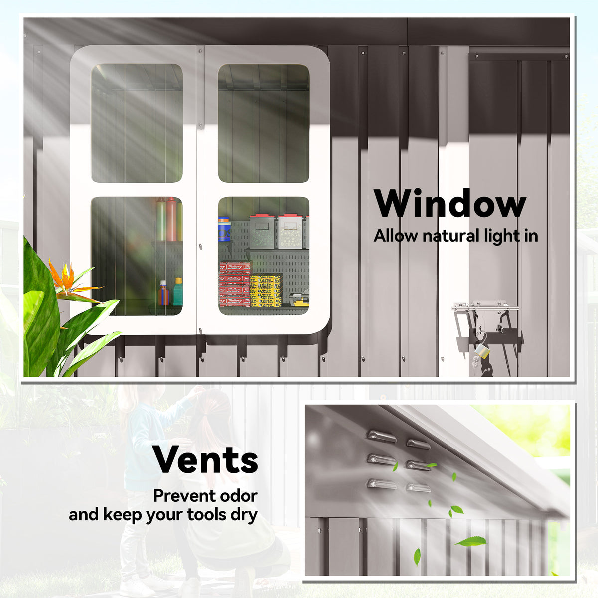 7' x 4' Galvanised Steel Outdoor Storage Shed, Garden Shed with Window, Lockable Wide Door and Air Vents – 87" W x 52.4" D x 68.1" /74.8" H