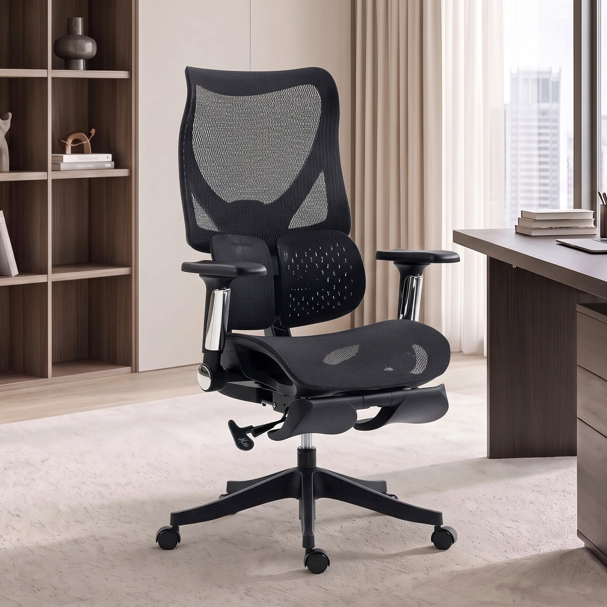 Ergonomic Office Chair with Lumbar Support, Mesh Reclining Desk Chair with Footrest, Black