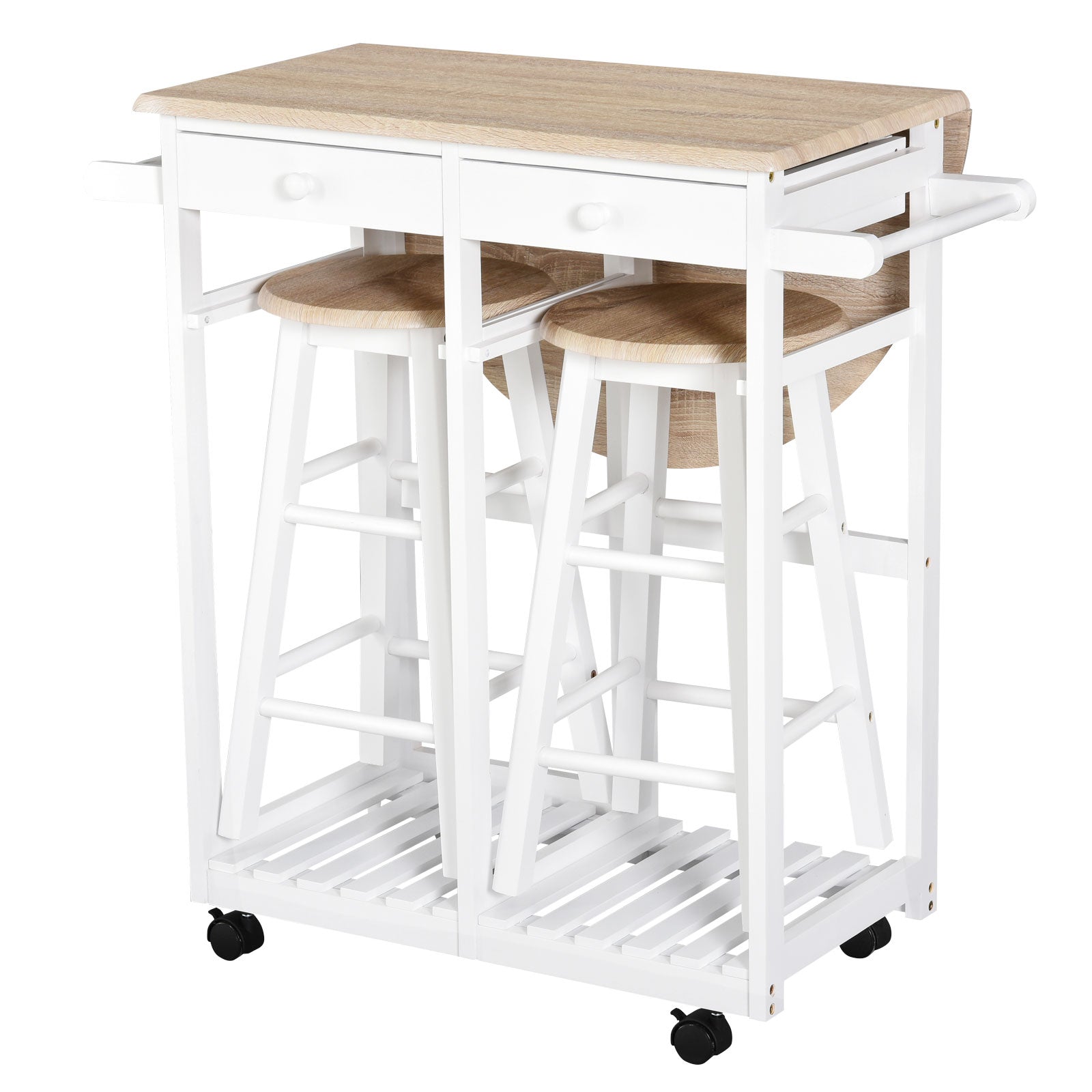 HOMCOM Kitchen Trolley 3-Piece Set with Drop Leaf Table, White