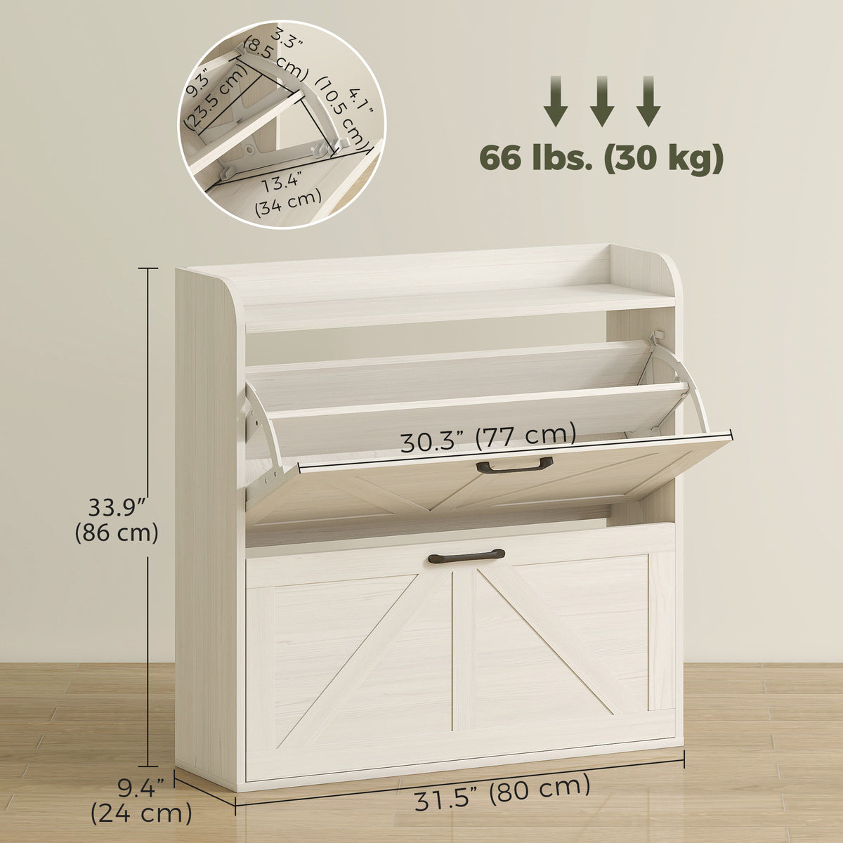 Farmhouse Shoe Cabinet with 2 Flip Drawers – 31"W x 34"H