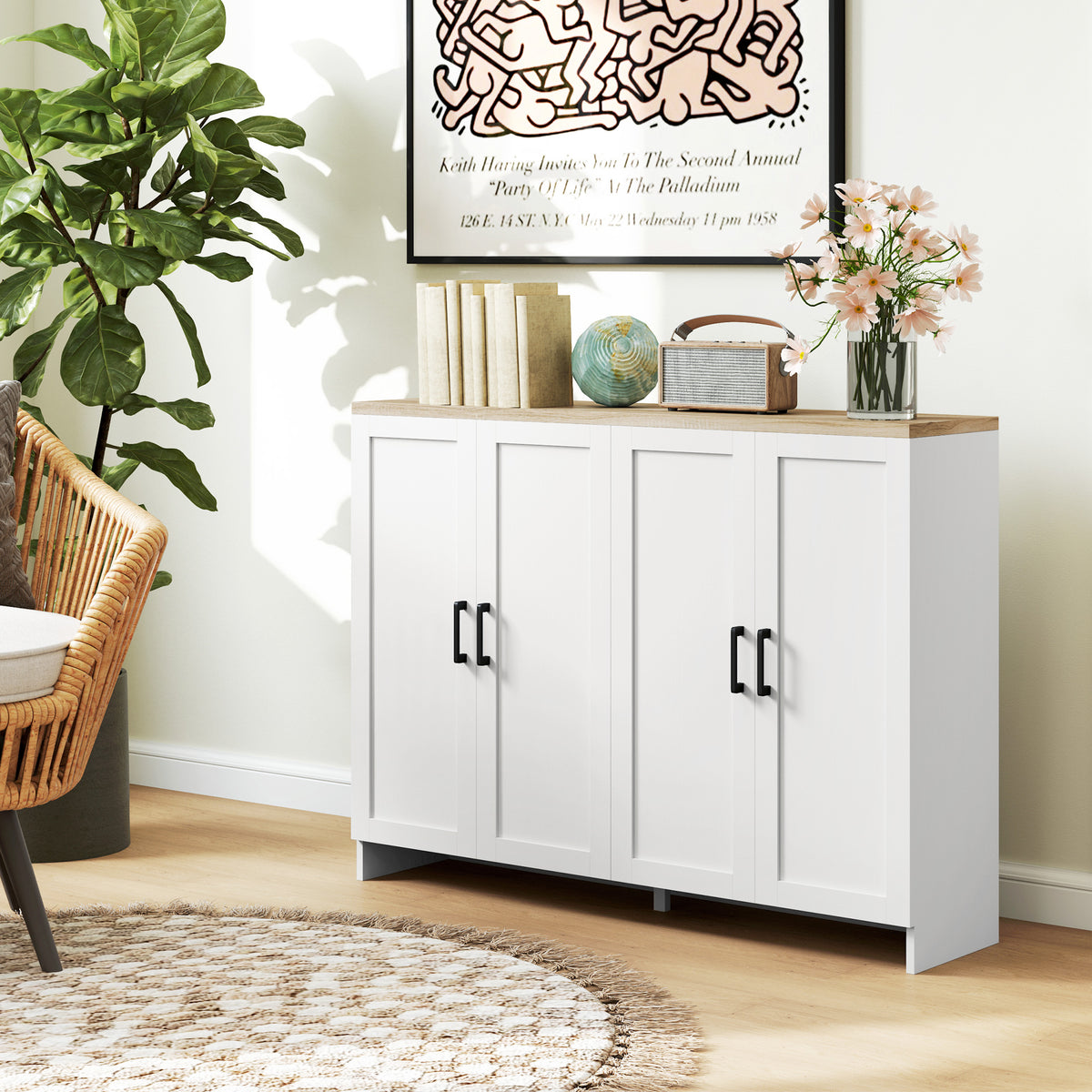 Modern Kitchen Storage Cabinet with 4 Doors Adjustable Shelves – 47"W x 35"H