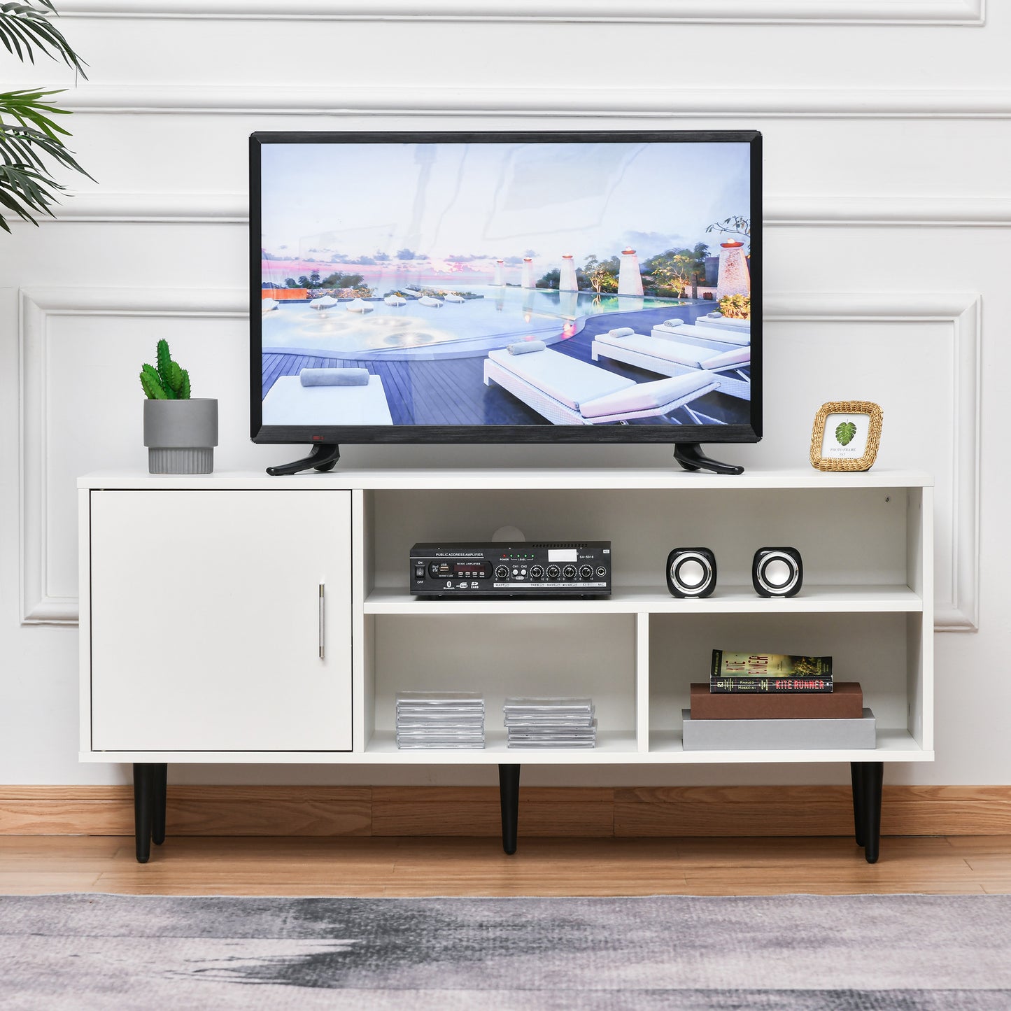 Modern White TV Stand Cabinet for 60-inch TVs, Storage, Cable Management