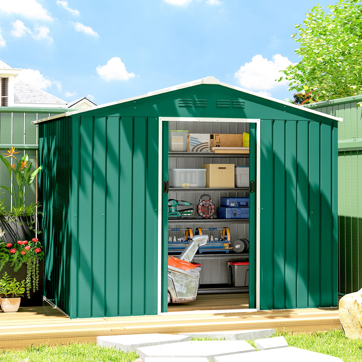 8' x 6' Outdoor Storage Shed, Metal Garden Tool Storage House with Lockable Sliding Doors and Vents