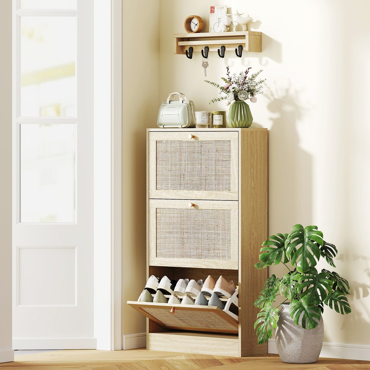 Rattan Shoe Storage Cabinet with 3 Flip Drawers – 24"W x 45"H
