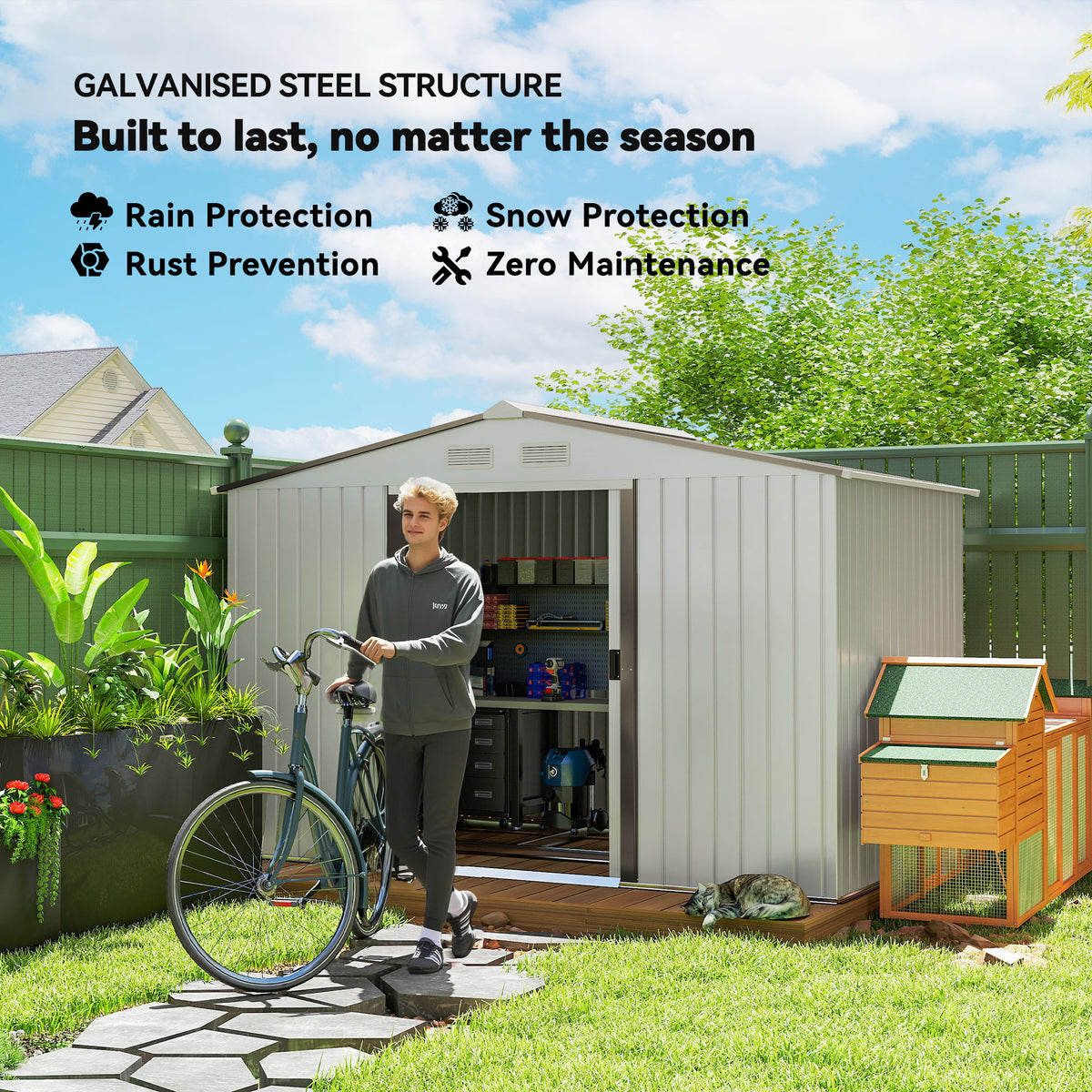 9.1'x6.4'x6.3' Garden Storage Shed, Outdoor Storage Tool House with Vents, Foundation and Lockable Double Doors – Silver
