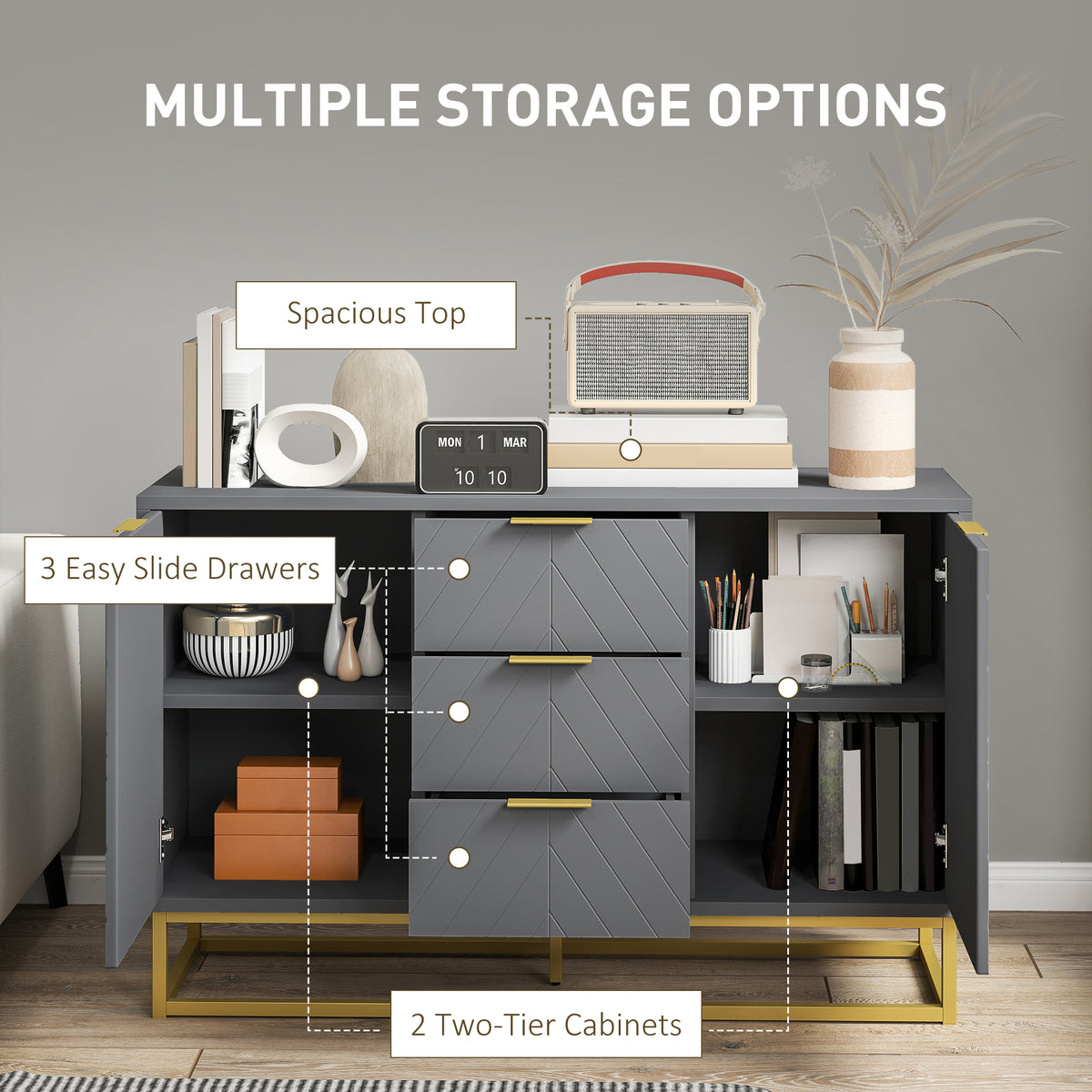 47" Sideboard with 3 Drawers and Gold Base, Grey