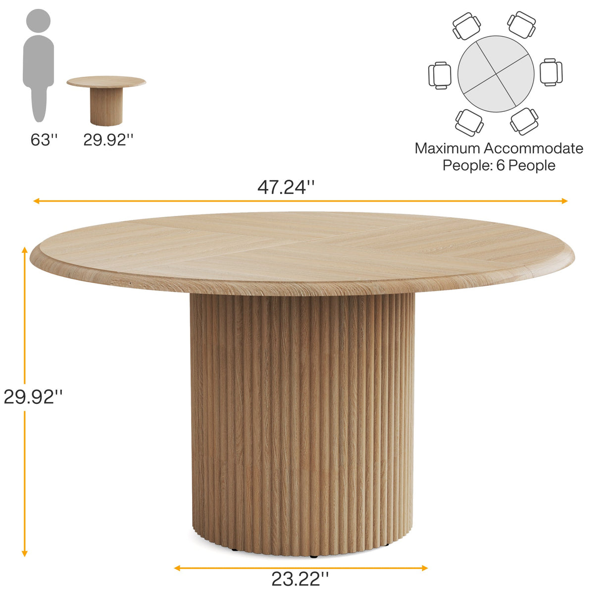 Round Dining Table, 47.24" Farmhouse Kitchen Table with Metal Base for 4