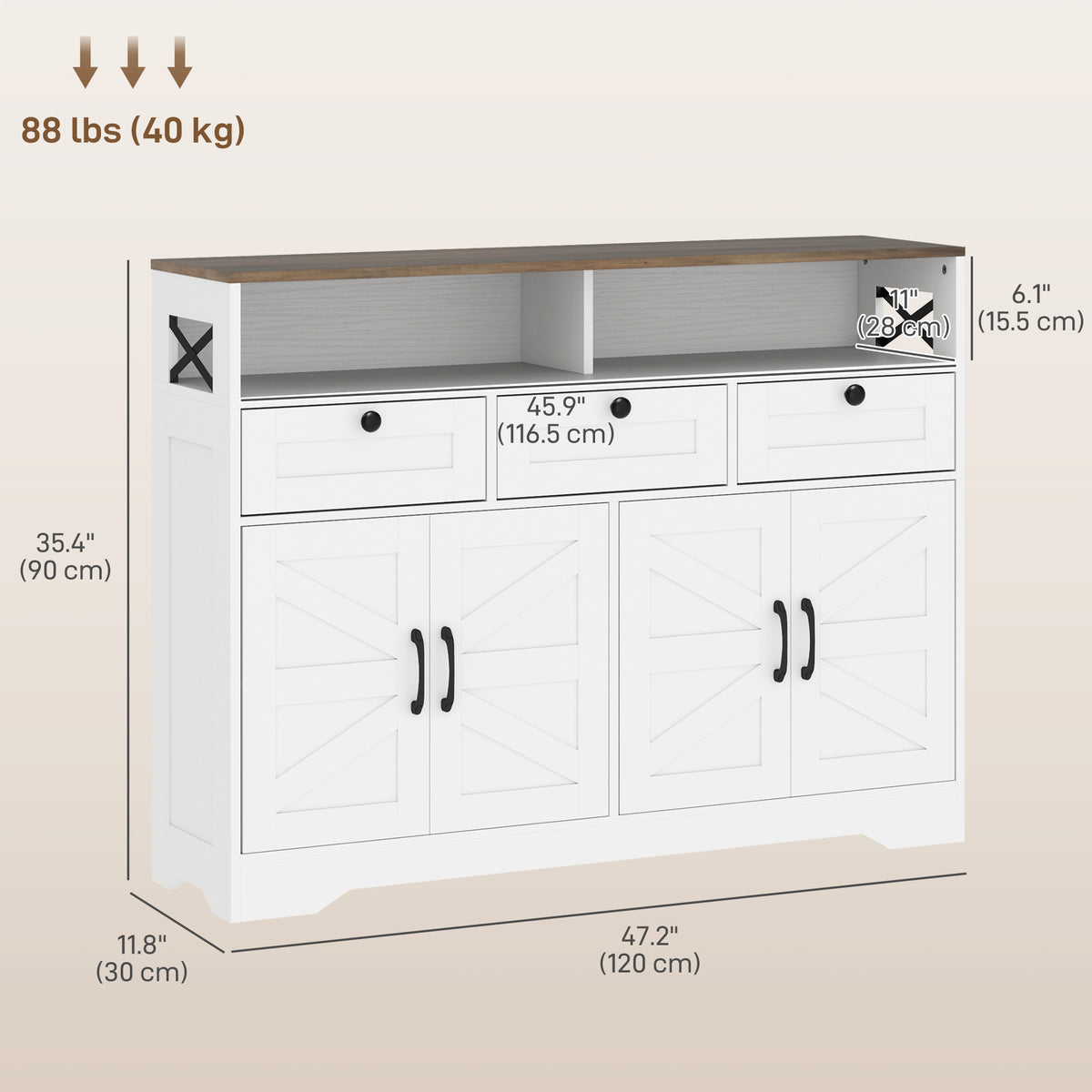 Buffet Cabinet with 4 Barn Doors and 3 Drawers – 47"W x 35"H