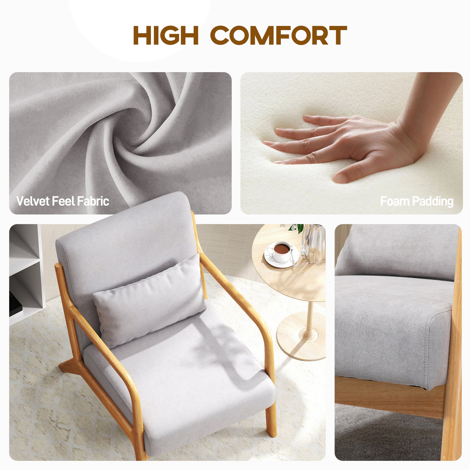 HOMCOM Grey Velvet Fabric Retro Accent Lounge Chair with Wood Legs