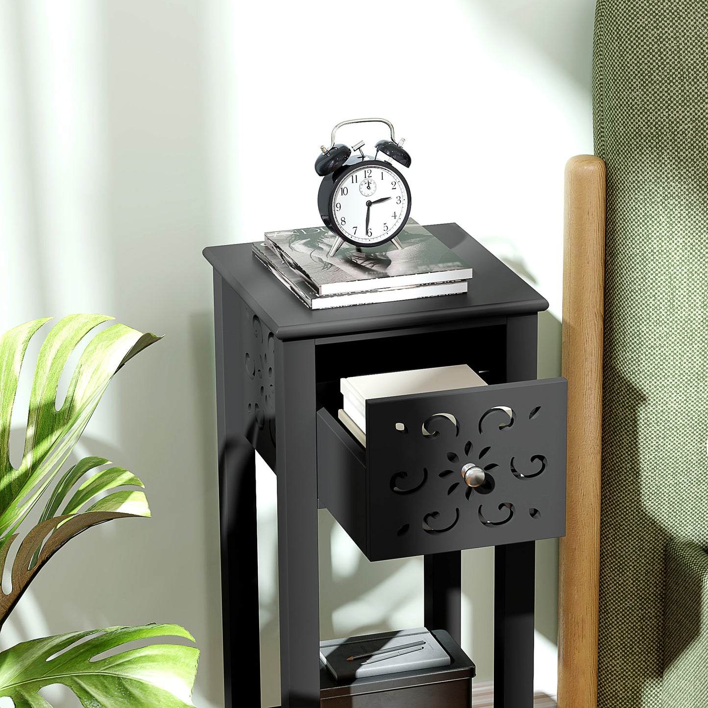 HOMCOM Modern Black Nightstand Set of 2 with Drawer & Open Shelf