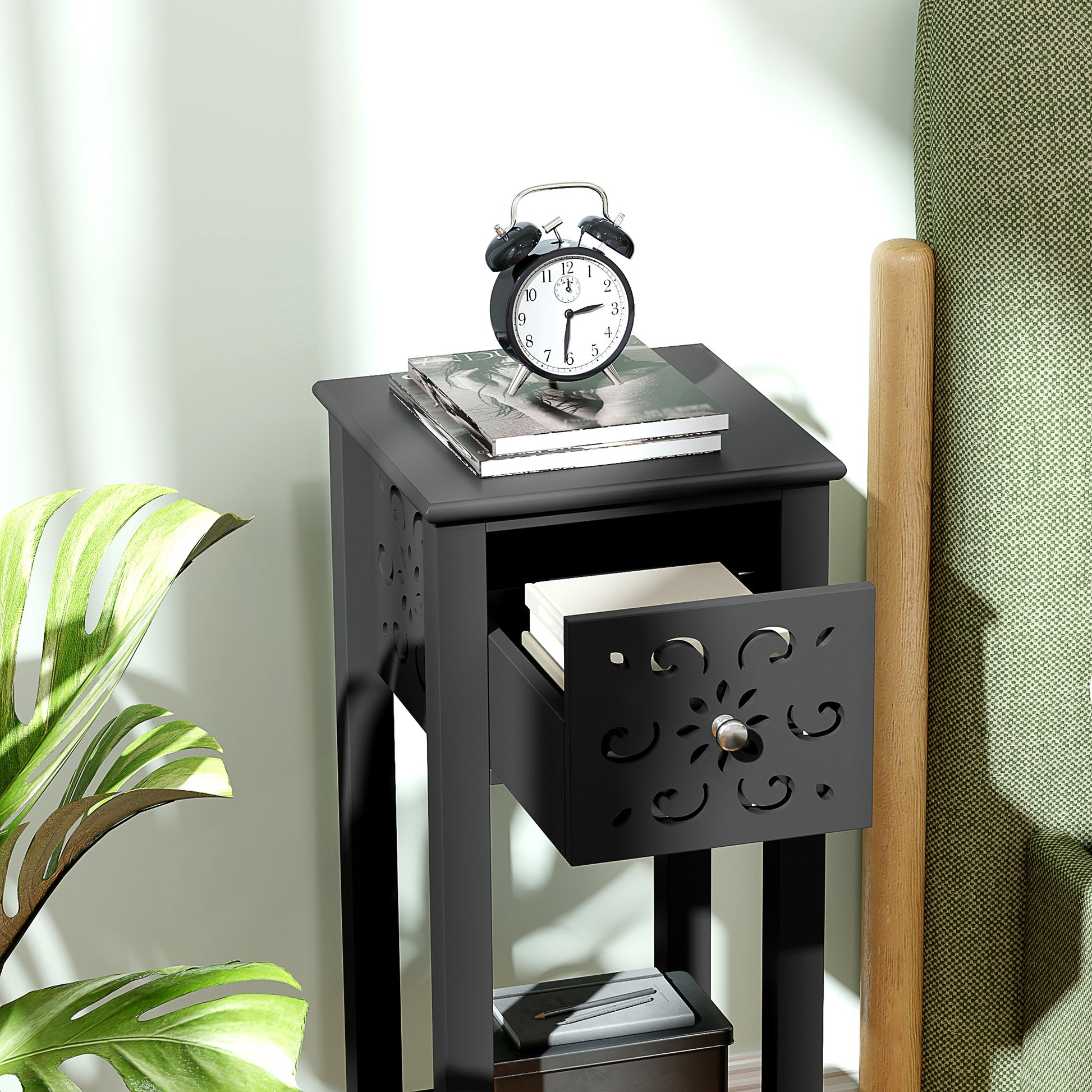 HOMCOM Modern Black Nightstand Set of 2 with Drawer & Open Shelf