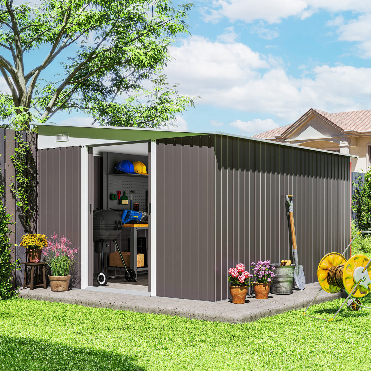 11' x 9' Steel Garden Storage Shed, Outdoor Metal Tool House with Double Sliding Doors – Grey