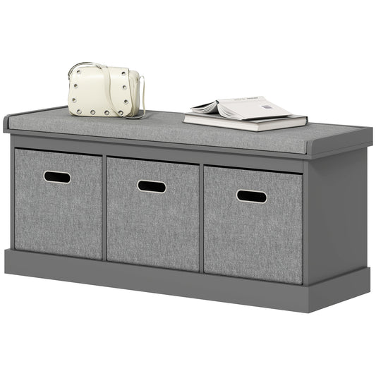 HOMCOM Grey Entryway Shoe Storage Bench with Padded Seat, Three Fabric Drawers