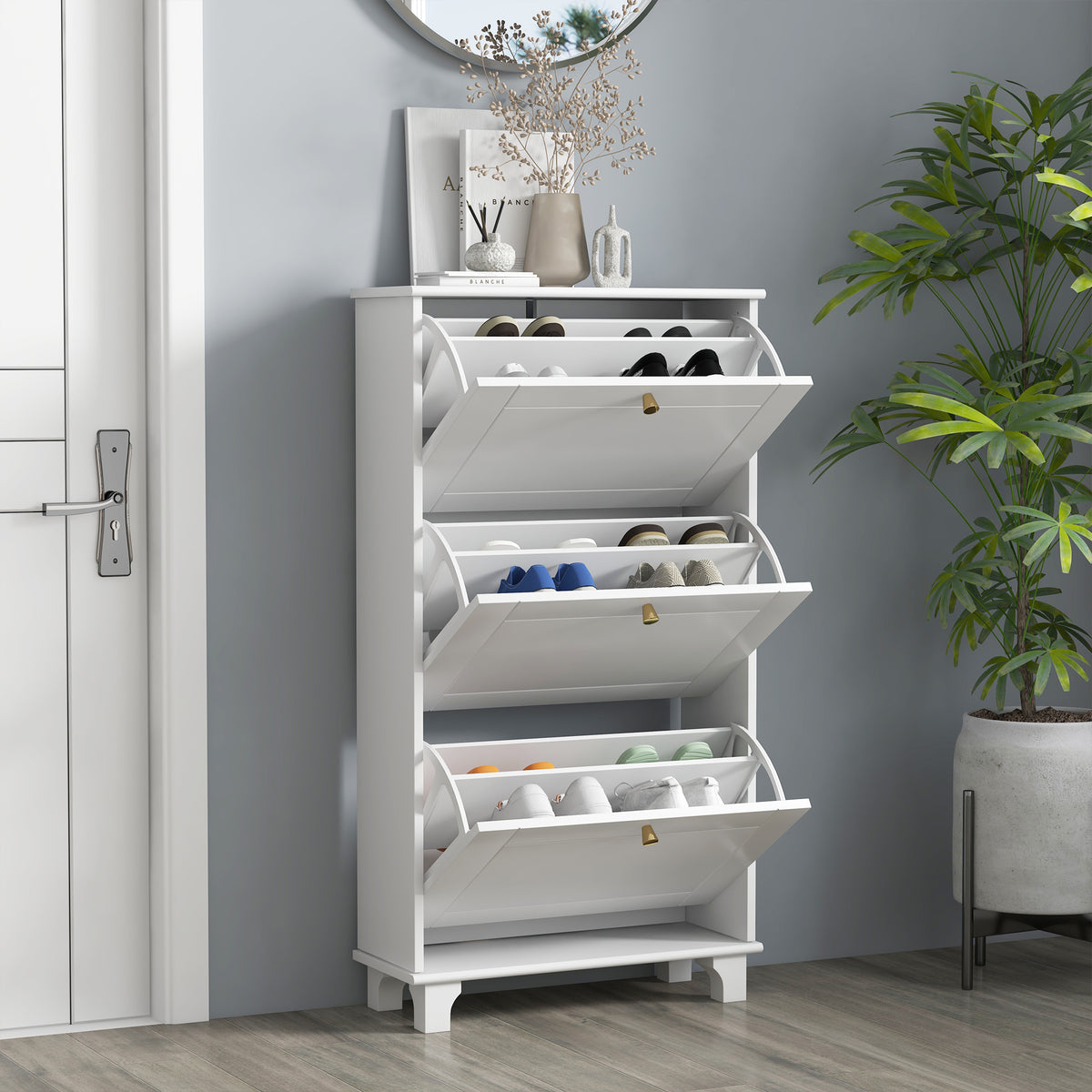 Narrow Shoe Storage with 3 Flip Drawers and Adjustable Shelves – 24"W x 49"H