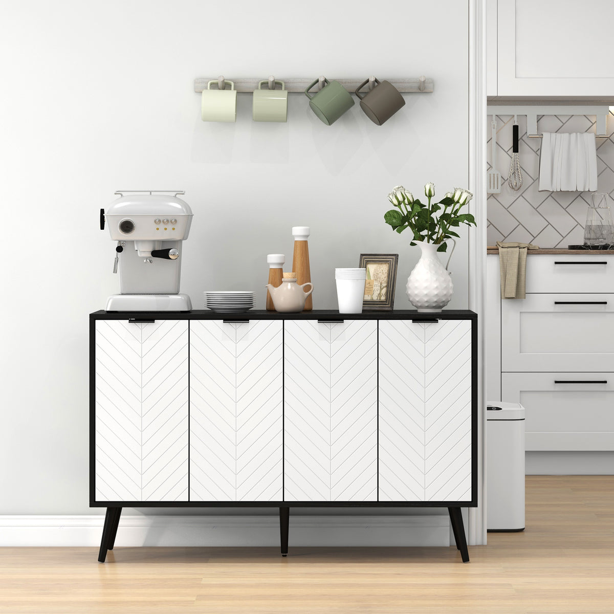 Modern Sideboard and Buffet with Adjustable Shelves and 4 Doors – 47"W x 31"H