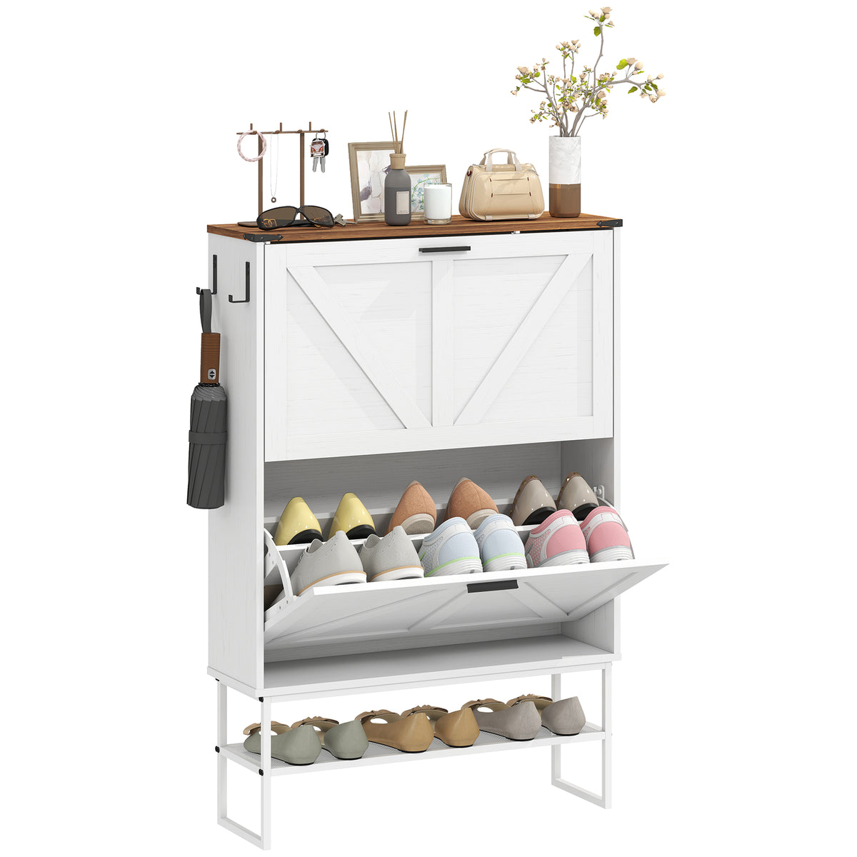 Narrow Shoe Storage Cabinet with 2 Flip Drawers – 31"W x 46"H