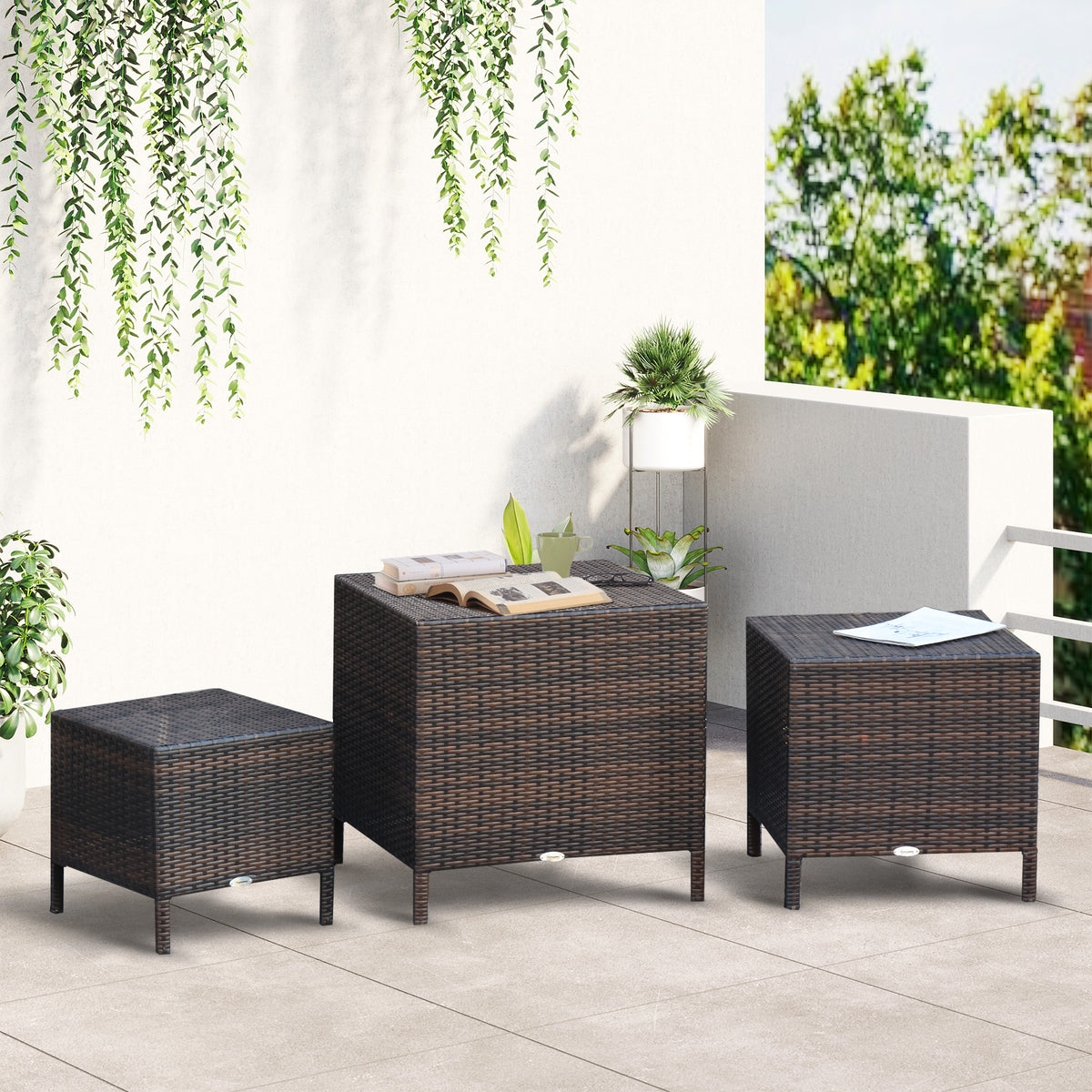 Set of 3 Wicker Nesting Tables Patio Rattan Snack End Side Tables Hand Woven All Weather Garden Outdoor Home Furniture