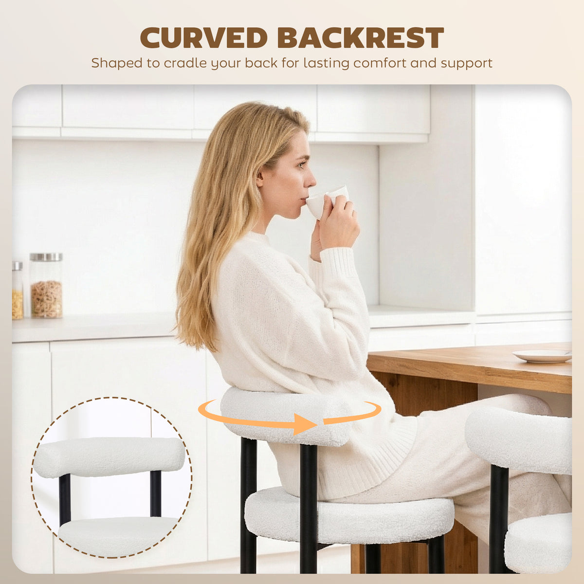 Sherpa Bar Height Stools with Backrest and Footrest, Set of 2, Cream White
