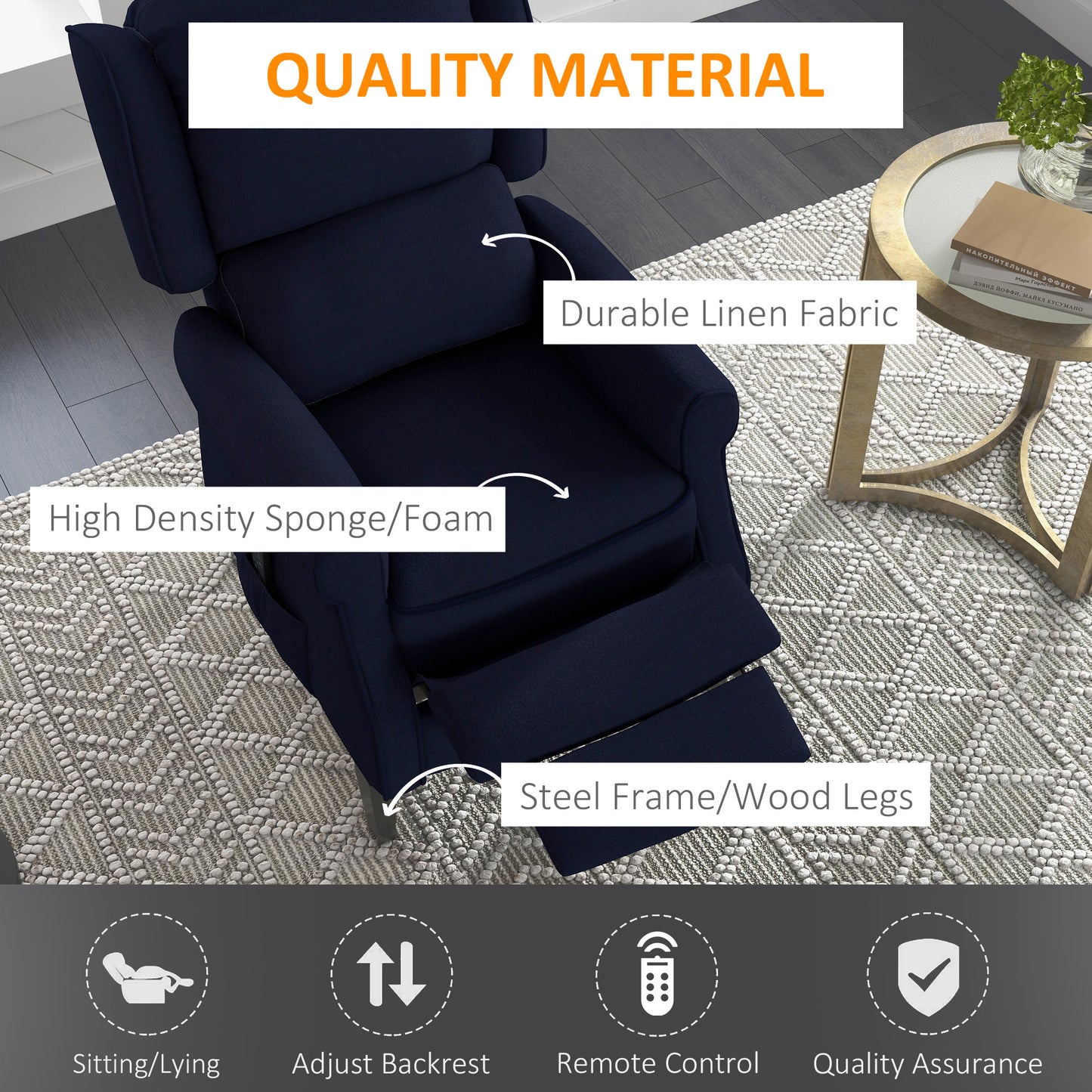 HOMCOM Blue Push Back Recliner Chair with Vibration Massage & Footrest