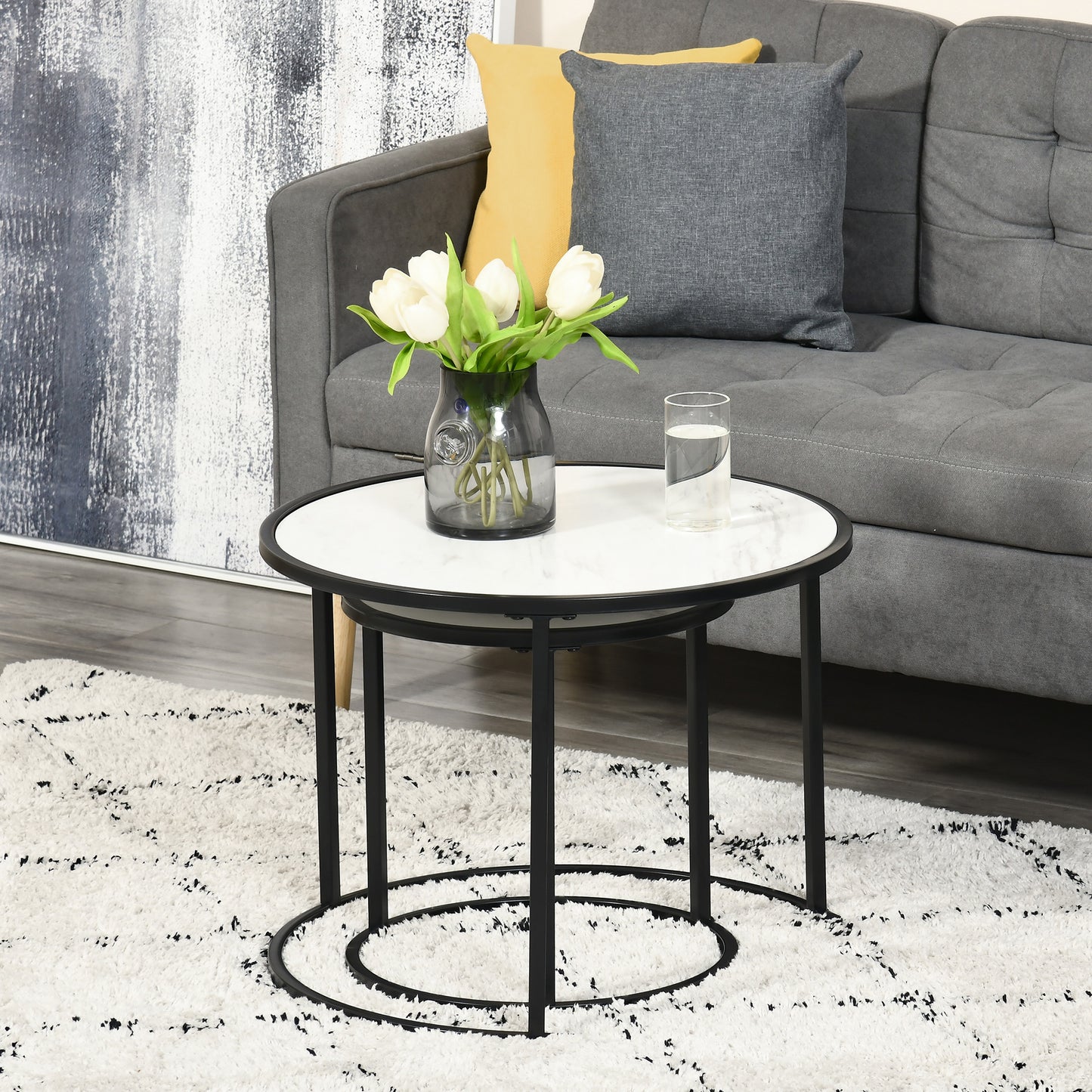 HOMCOM Round Nesting Coffee Table Set, Modern Faux Marble Top, Steel Frame, 2-Piece