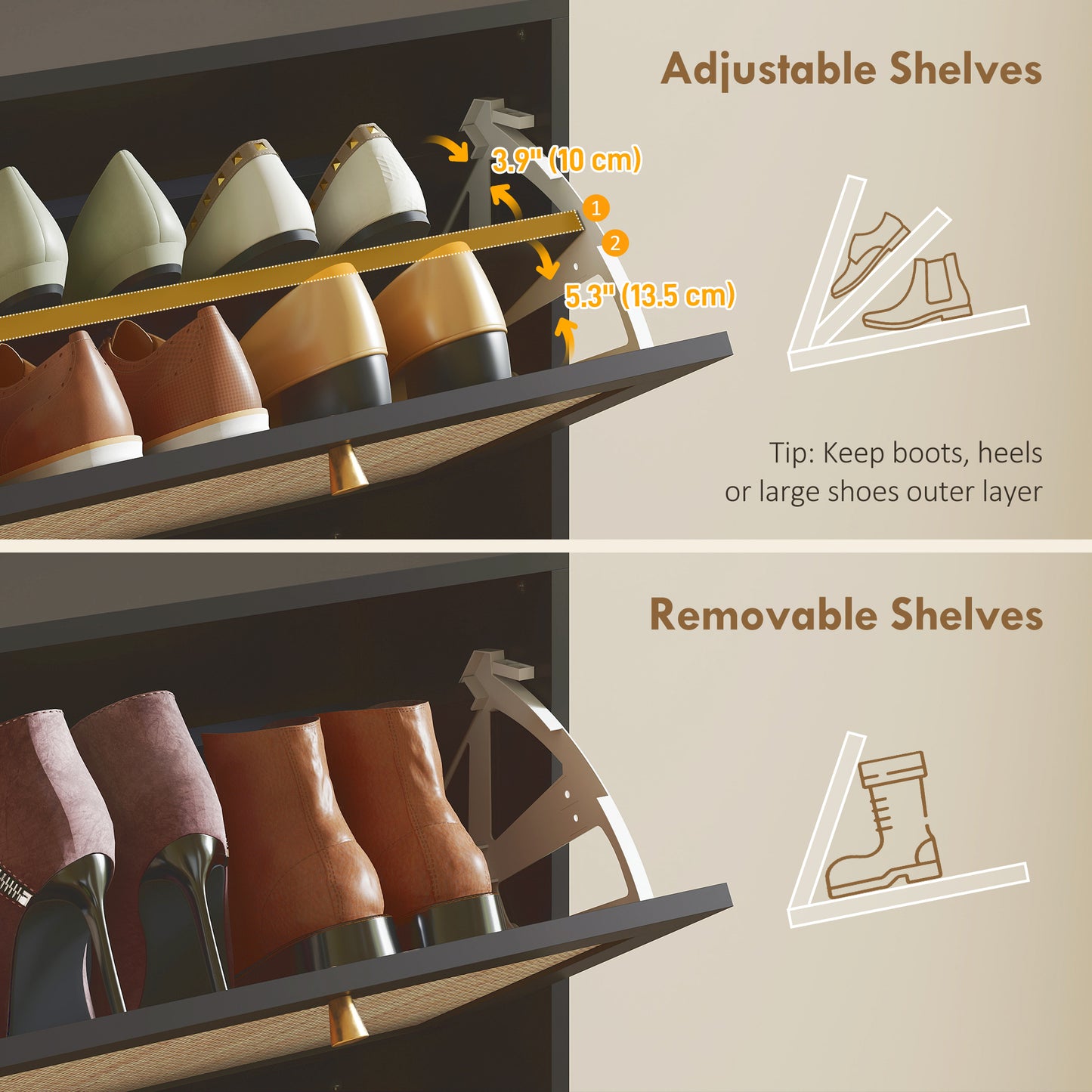 Elegant Rattan Entryway Shoe Cabinet with 3 Flip-Down Drawers, Adjustable Shelves, Organizes 18 Pairs