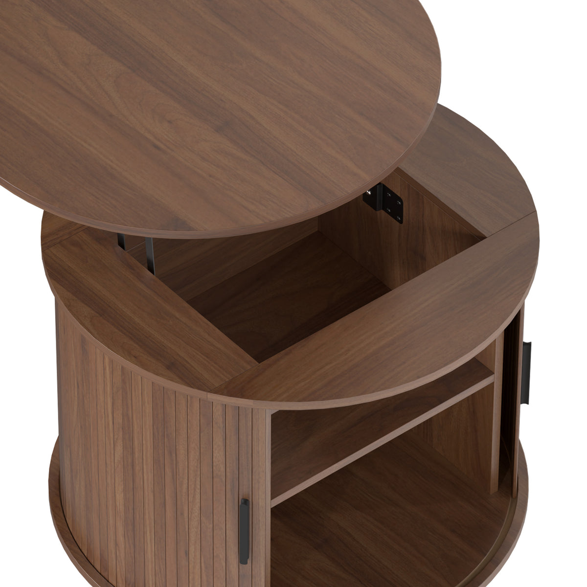 Round Fluted Lift-Top Coffee Table with Tambour Door Storage, Walnut