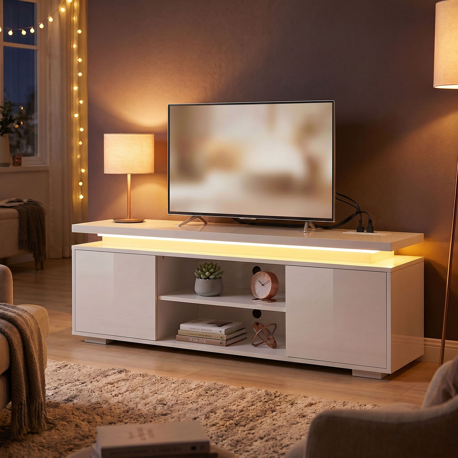 HOMCOM TV Stand with LED Lights, High Gloss White