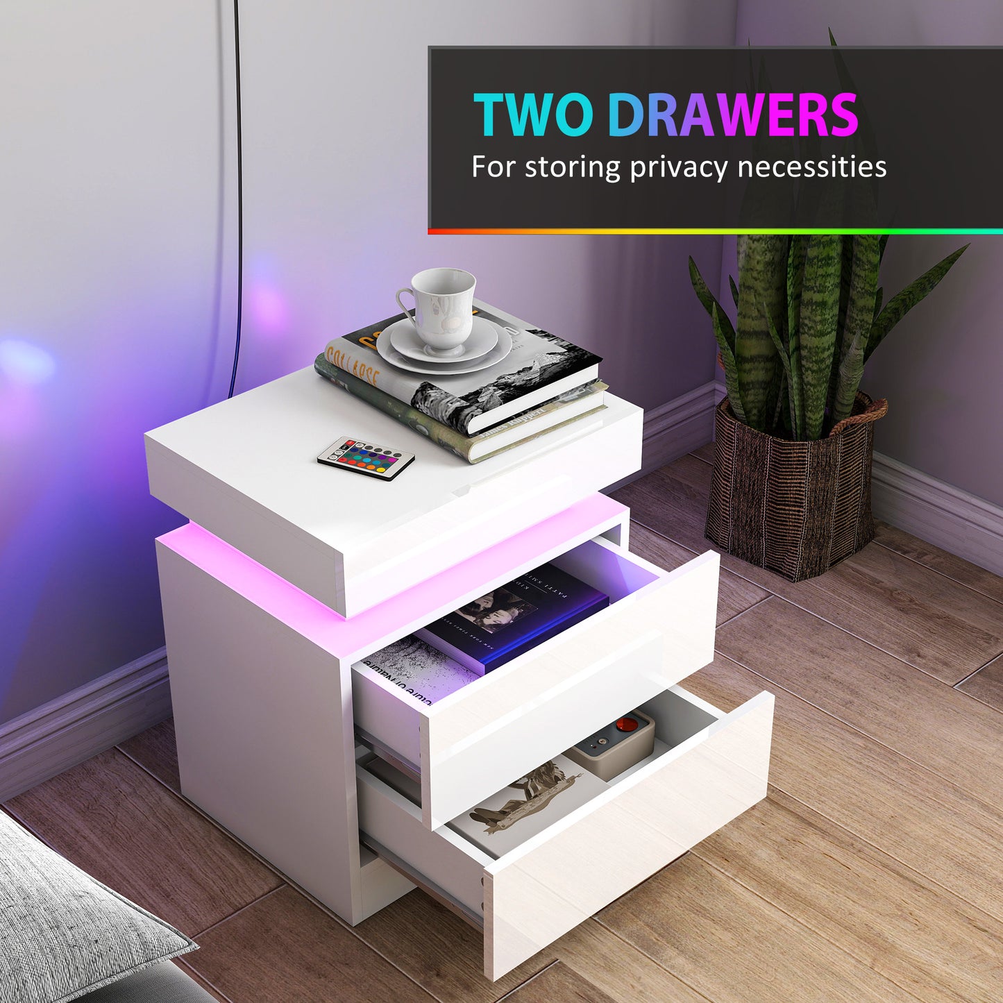 Modern Set of 2 HOMCOM LED Nightstands with 2 Drawers, White Bedside Tables