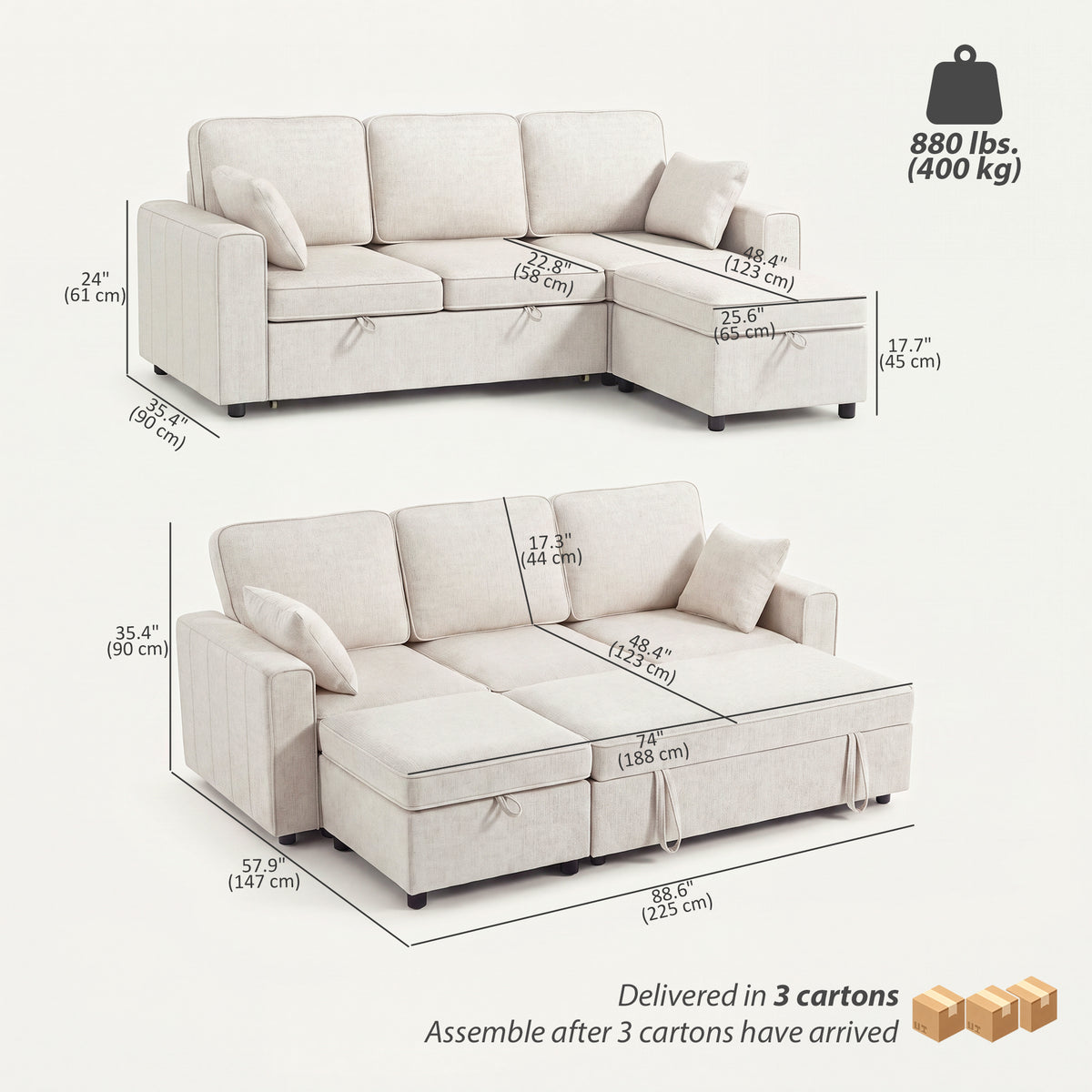 Modular Sleeper Sectional with Reversible Storage Ottoman