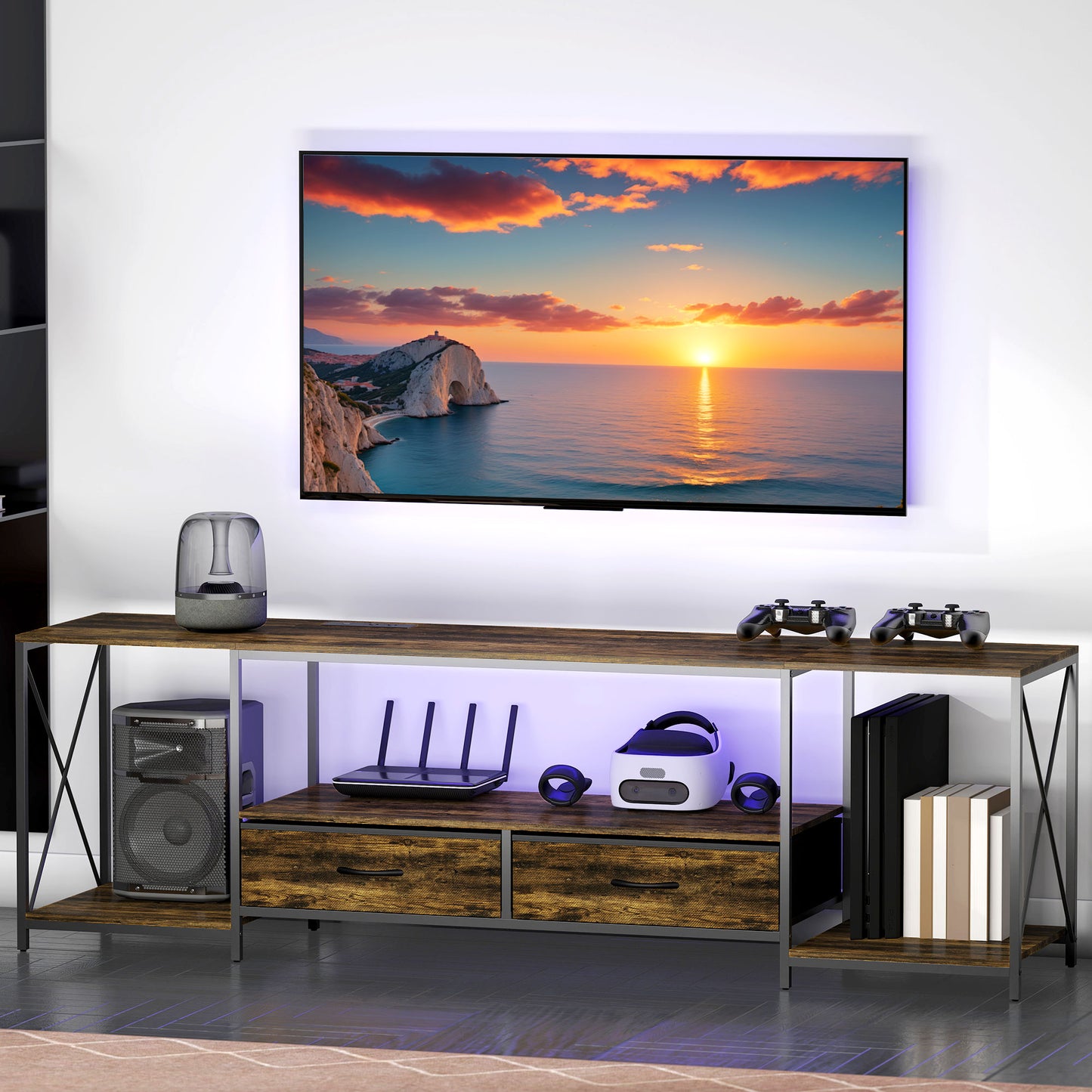 HOMCOM Industrial TV Stand with RGB LED Lights Rustic Brown