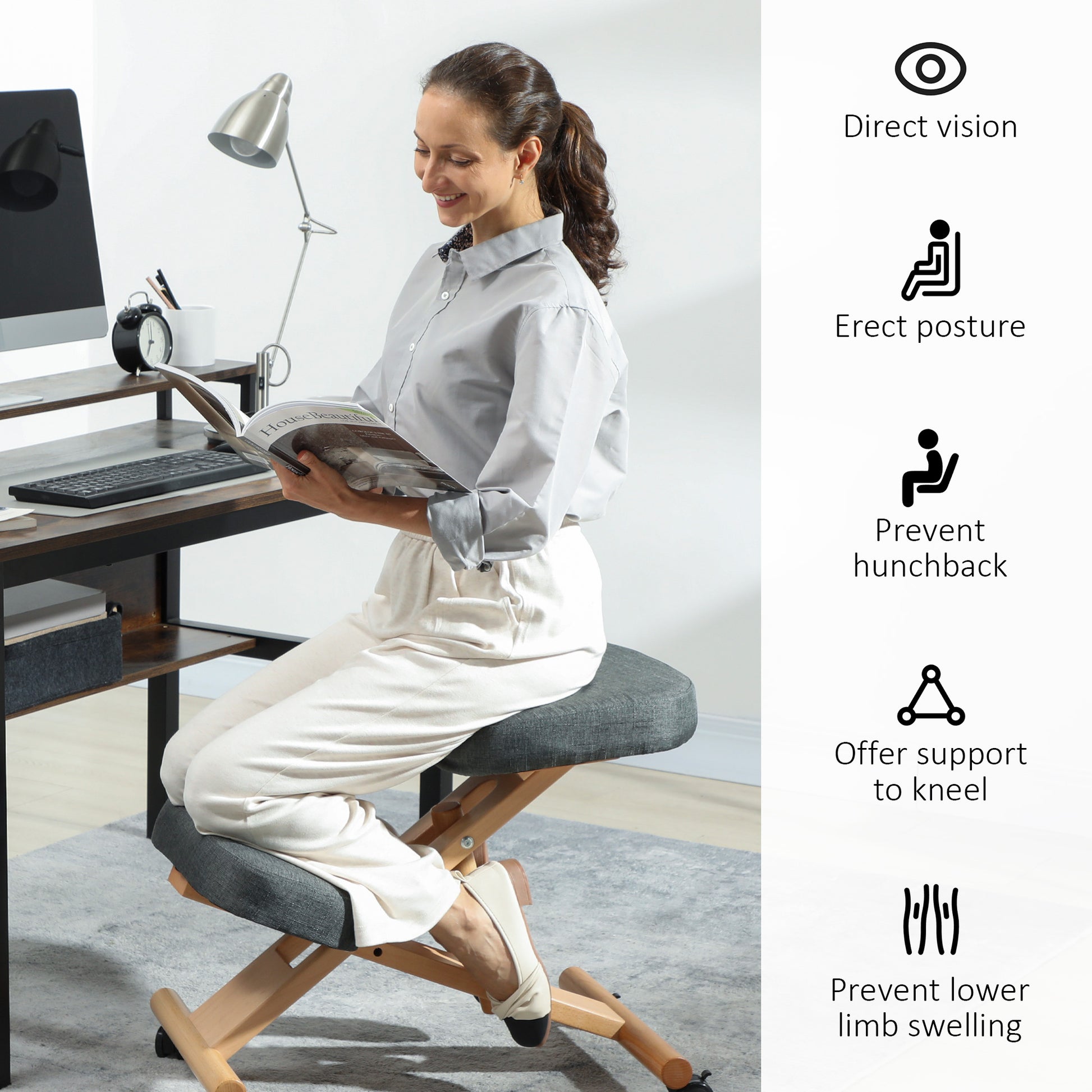 HOMCOM Ergonomic Kneeling Posture Chair: Rubberwood Frame, Wheels, Dark Grey