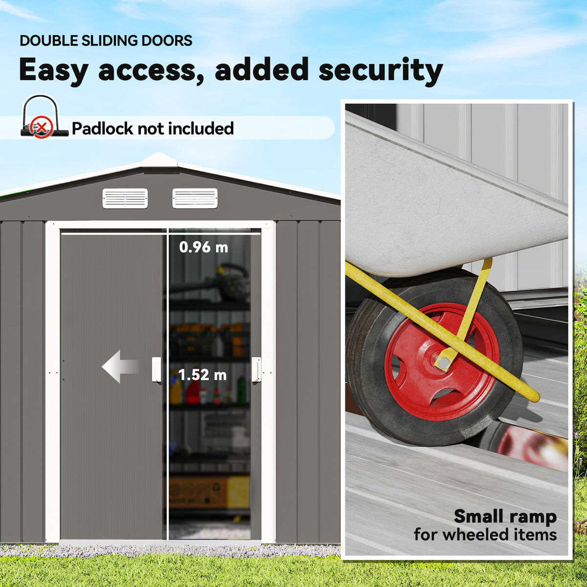 9.1'x6.4'x6.3' Garden Storage Shed, Outdoor Storage Tool House with Vents, Foundation and Lockable Double Doors – Grey