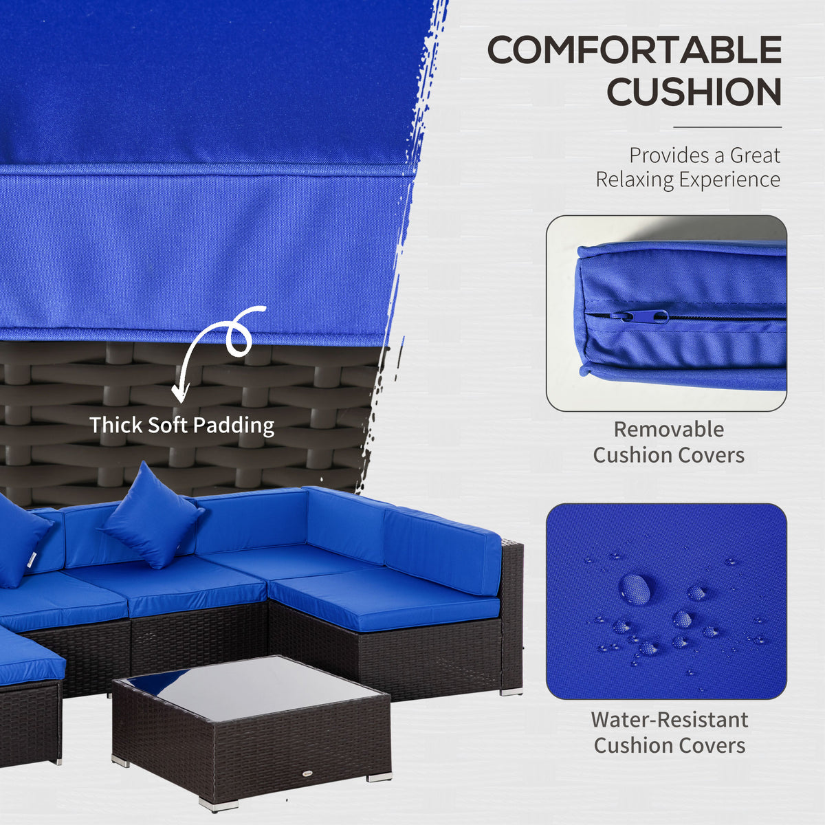 7 Pieces Outdoor Rattan Furniture Set, Patio Wicker Sectional Conversation Sofa Set – Blue