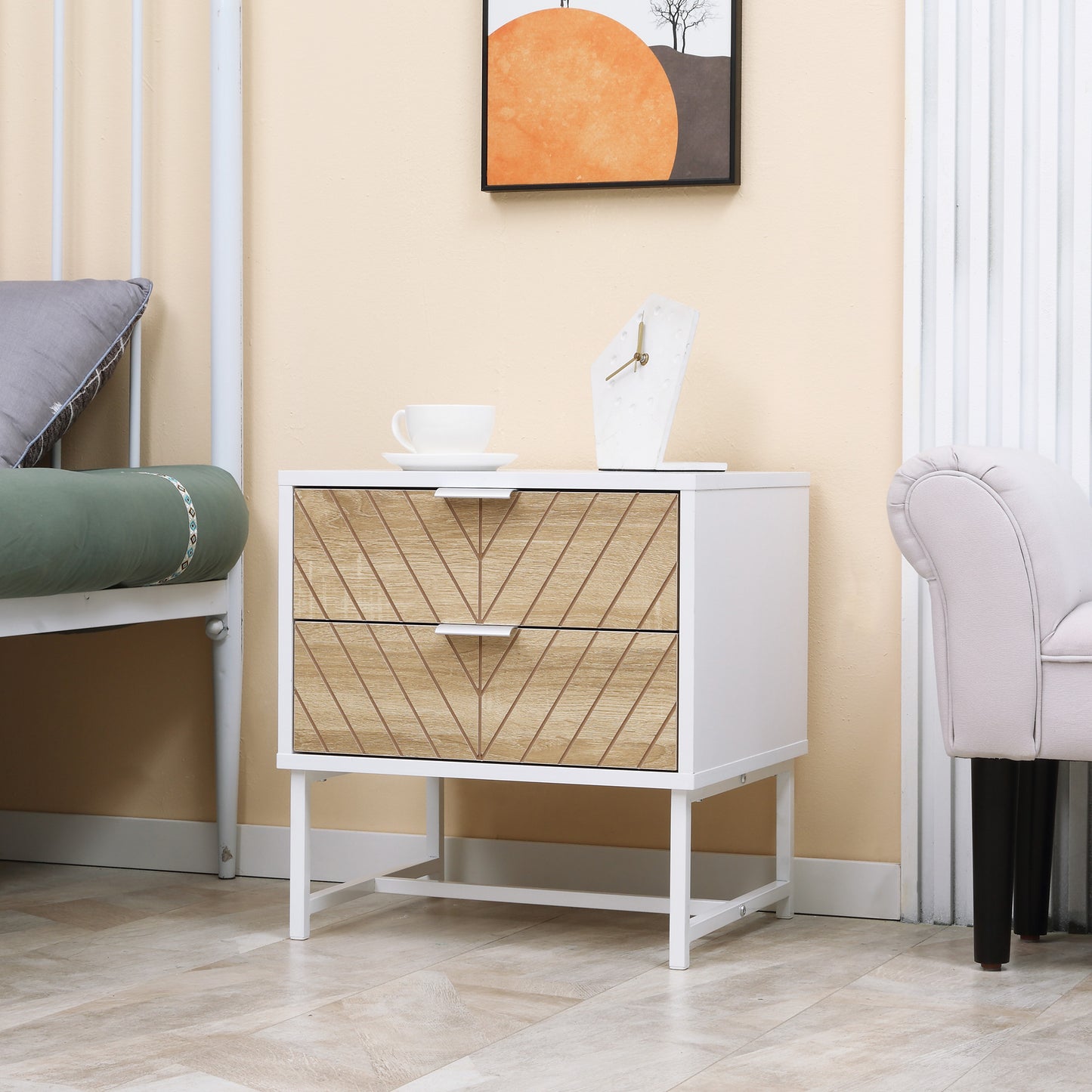 Modern White Oak Bedside Table with 2 Drawers, Steel Frame, 45cm Wide Nightstand