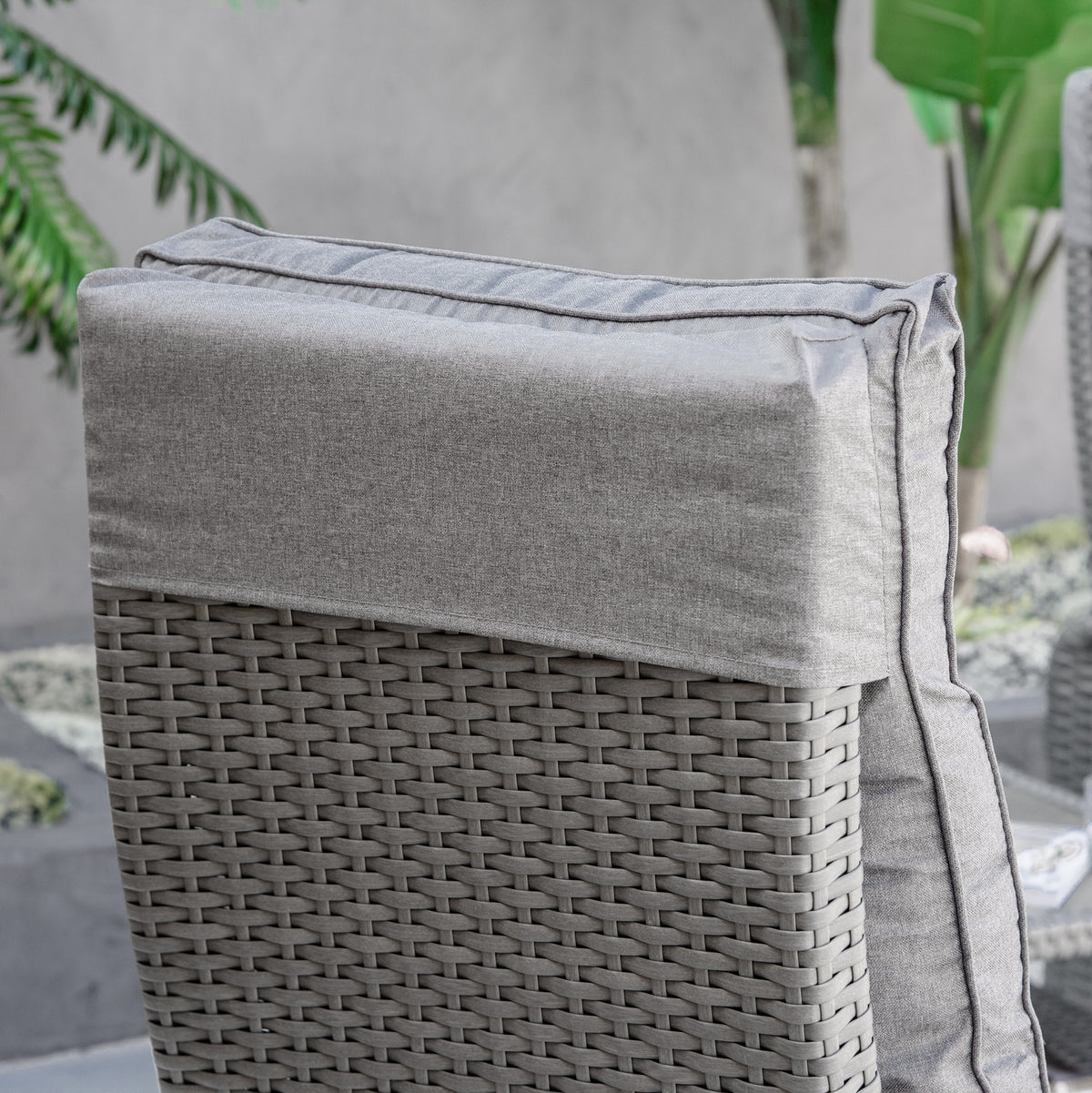 3 Pieces Patio Wicker Bistro Set, PE Rattan Coffee Table & Adjustable Recline Chairs Furniture Set with Cushions and Wood Grain Plastic Top – Grey