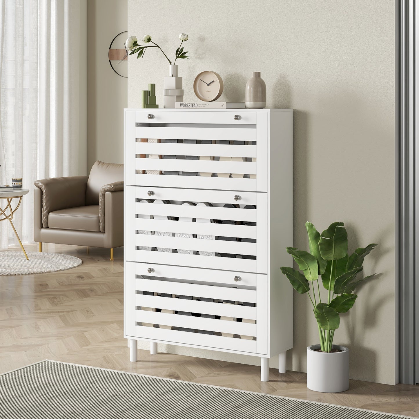 Modern Narrow White Shoe Storage Cabinet with 3 Flip Drawers, Adjustable Shelves